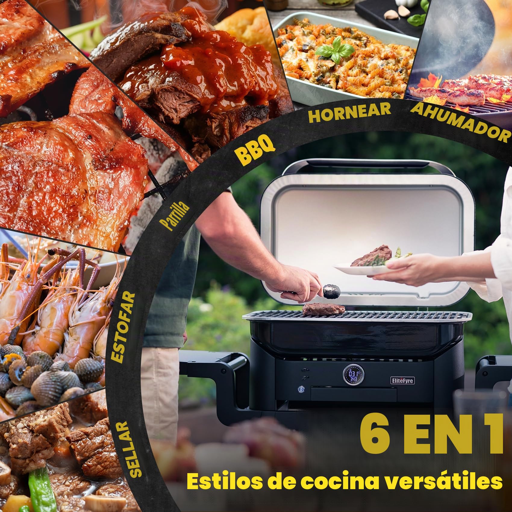Volteq Smart Barbacoa Eléctrica, 343°C Potencia de Asador en 20 Min, Parrilla de Sobremesa con Sonda de Carne, 1720 cm², Multifunción 6 en 1 para Balcón y Terraza, Acabado Esmaltado
