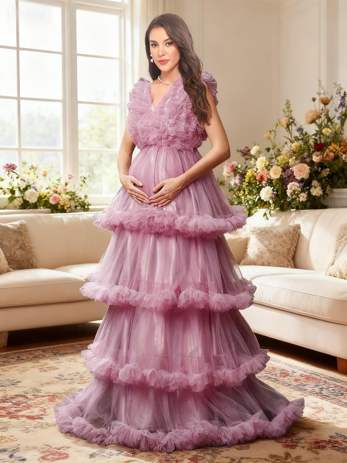 Tulle Puffy Maternity Dress for Photoshoot Tiered 3D Ruffled Pregnancy Dresses Elegant V Neck Gown for Baby Shower