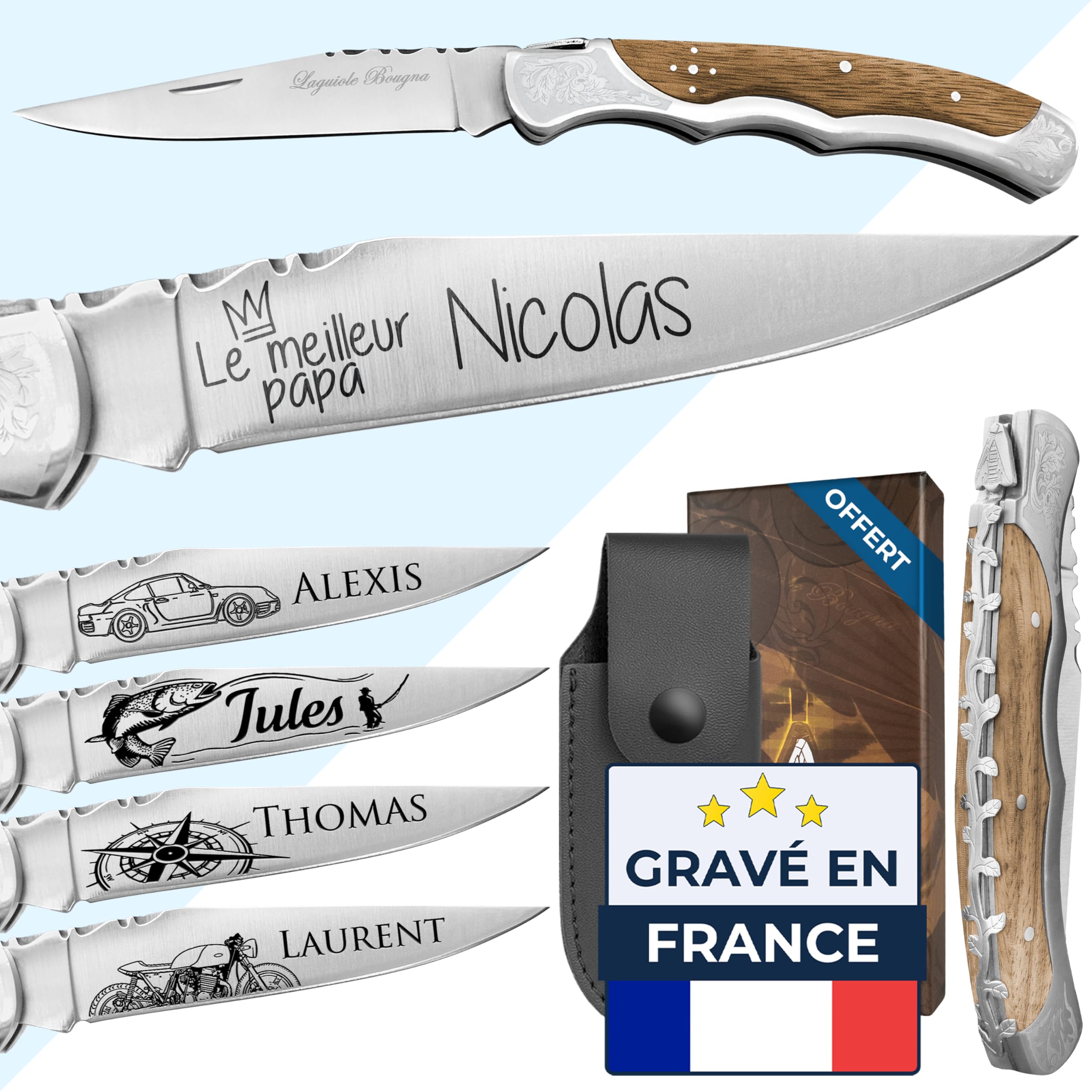 Couteau homme personnalisé - Marque laguiole gravé avec un prénom - Couteau pliant personnalisable - Cadeau Fête des pères - Idée cadeau pour homme, Papa (Marron, Couteau)