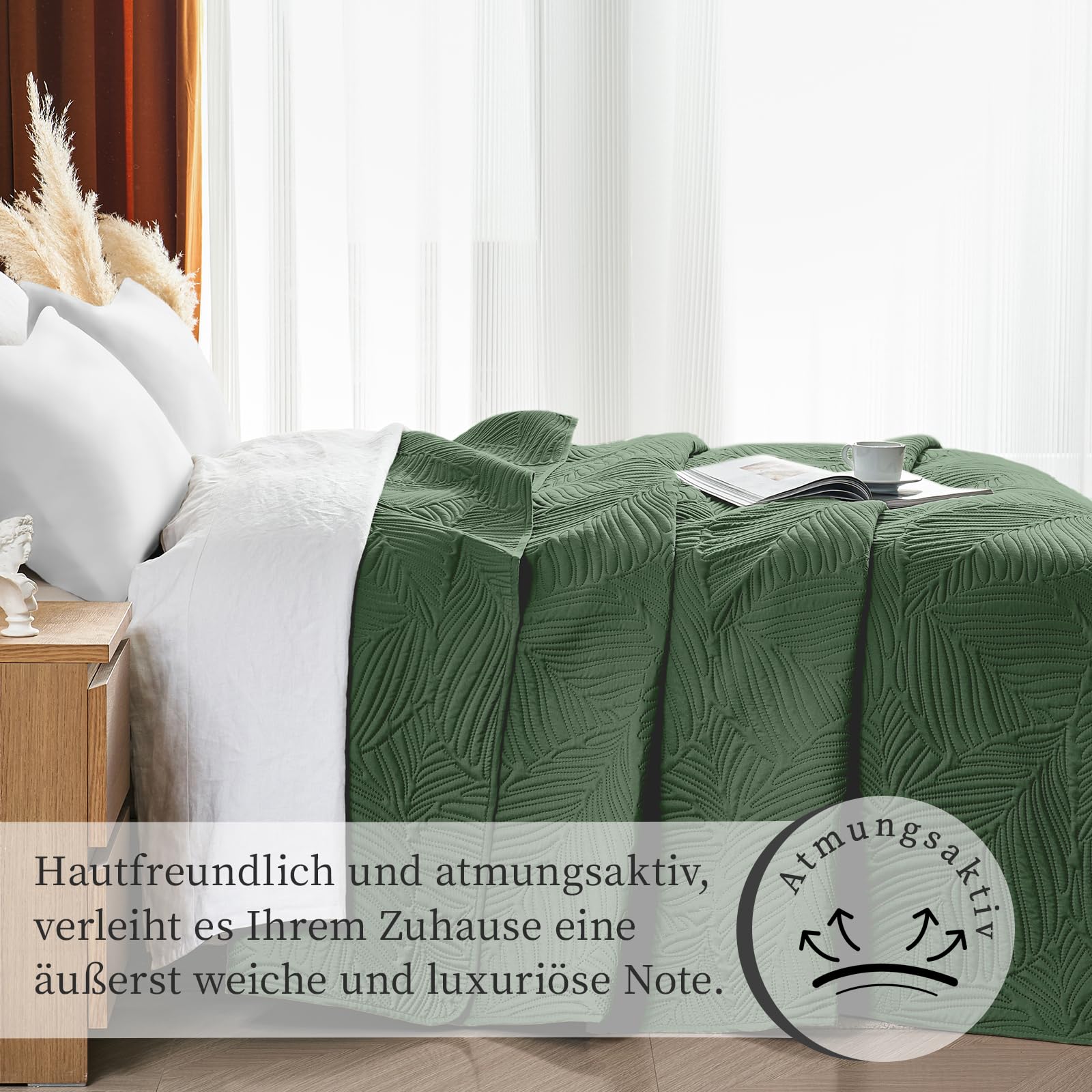 Tagesdecke 240x260 cm,Grün Ultrasonic Steppdecke,Leicht,Weich und Pflegeleicht,Doppelseitig,Bettüberwurf mit Blattmuster,Ideal für alle Jahreszeiten,Für Bett und Sofa
