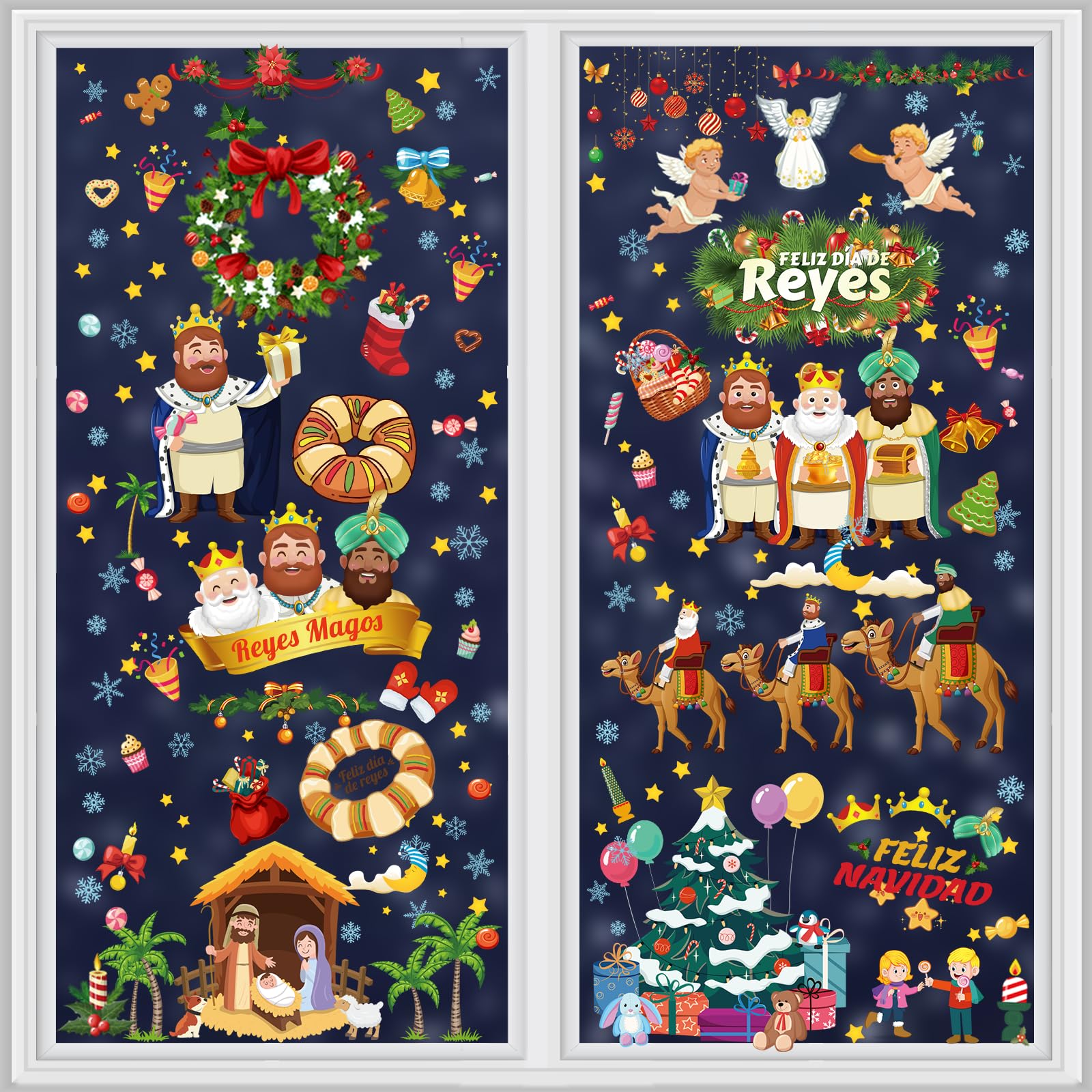 AhfuLife Pegatinas Navidad Ventanas Reyes Magos Decoración, 9 Hojas Pegatinas de Ventanas del Festival de los Tres Reyes, Feliz Navidad Reyes de Pegatinas Decorativas, Navidad Pegatinas de Ventanas