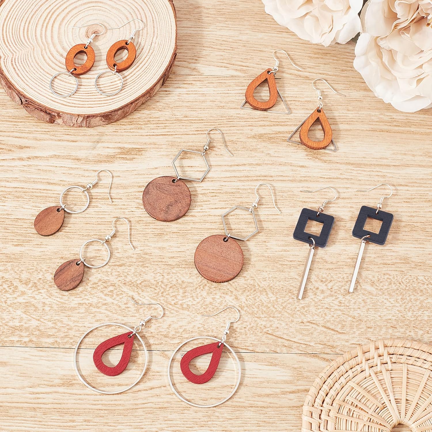 SUNNYCLUE 10 Pairs Wood Geometric Dangle Earring Jewelry Making Kits Teardrop Triangle Triangle Oval Wood Charms Pendant & Brass Linking Rings & Earring Hooks for Earring Jewelry Making Supplies