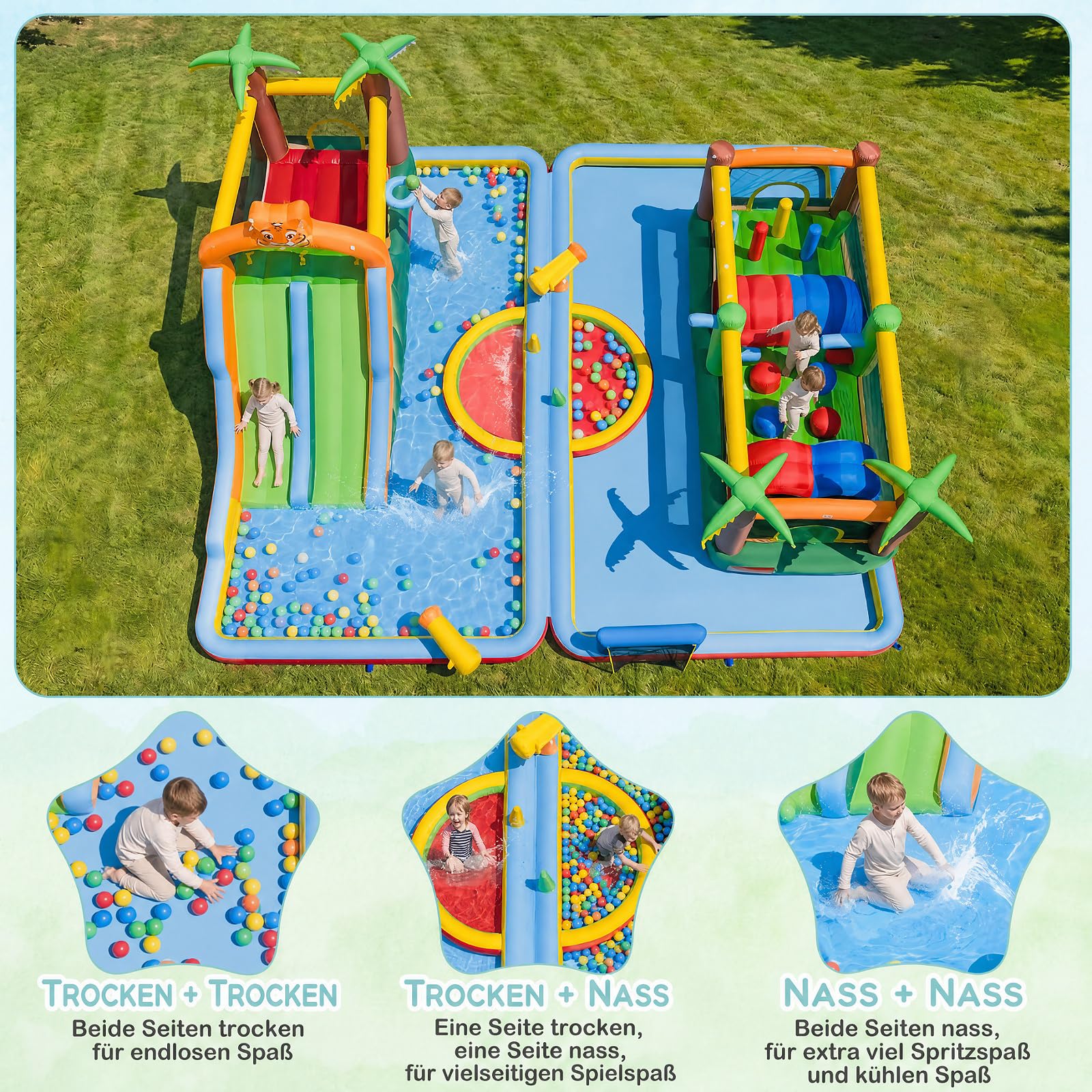 COSTWAY Hüpfburg XXL, Wasserpark, einzeln oder kombiniert verwenden | Bouncy Castle mit 2 Rutschen, Sprungbereich, Kletterwand, Ringwurfspiel, Planschbecken & 2 Wasserpistolen