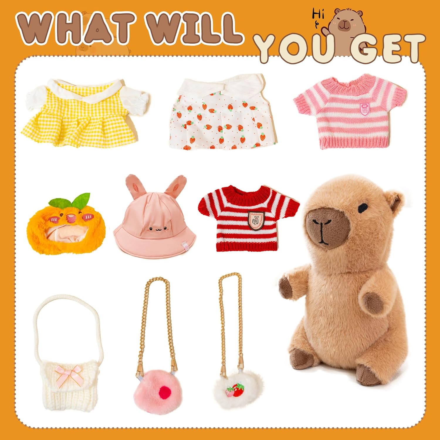 Capybara Plush for Boys Girls Birthday Dress Up Cute Plushies,10 Pcs Set,9 Clothes and Accessories Kawaii Stuffed Animal Plushie Toy, Soft Peluche Doll for Kids 10.2 in