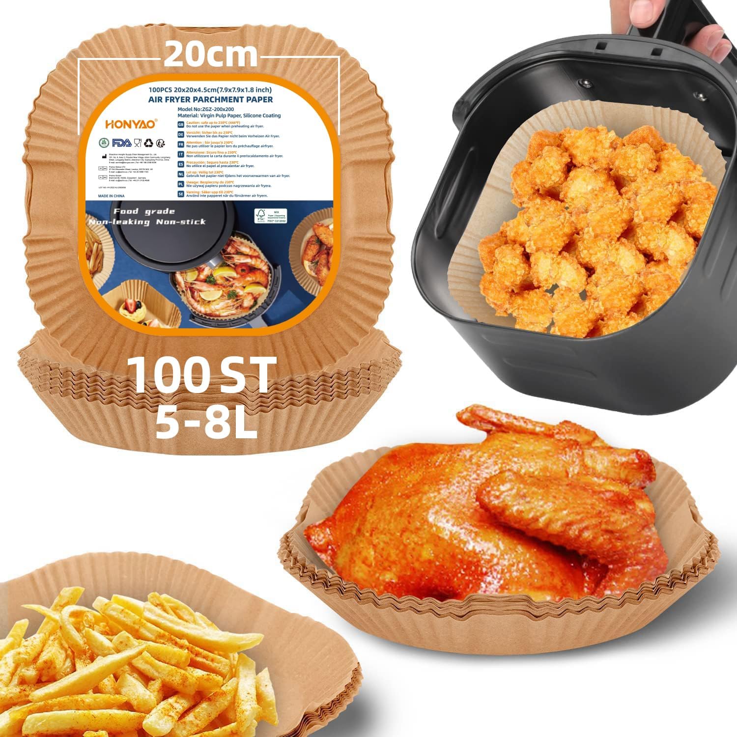 HONYAO Airfryer Bakplåtspapper, 20x20cm non-stick-engångsbruk Papper Liner för Luftsfritös 5-8 L, 100 stycken Fyrkant Pergamentpapper Bakpapper Tillbehör för COSORI,Philips,Cecotec Air Fryer