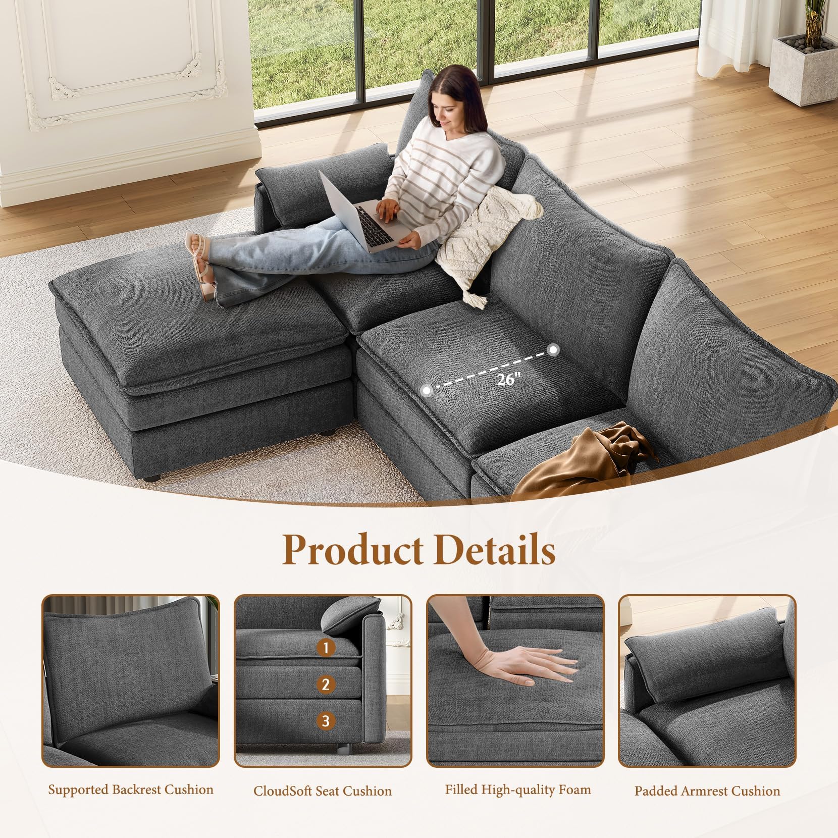 Comfy Cloud Couch with Movable Ottoman Deep Seat Chenille L Shaped Modular Sofa,108" Modular Sectional Sofa, Sectional Couches for Living Room, Bedroom and Apartment (Grey) — view 3