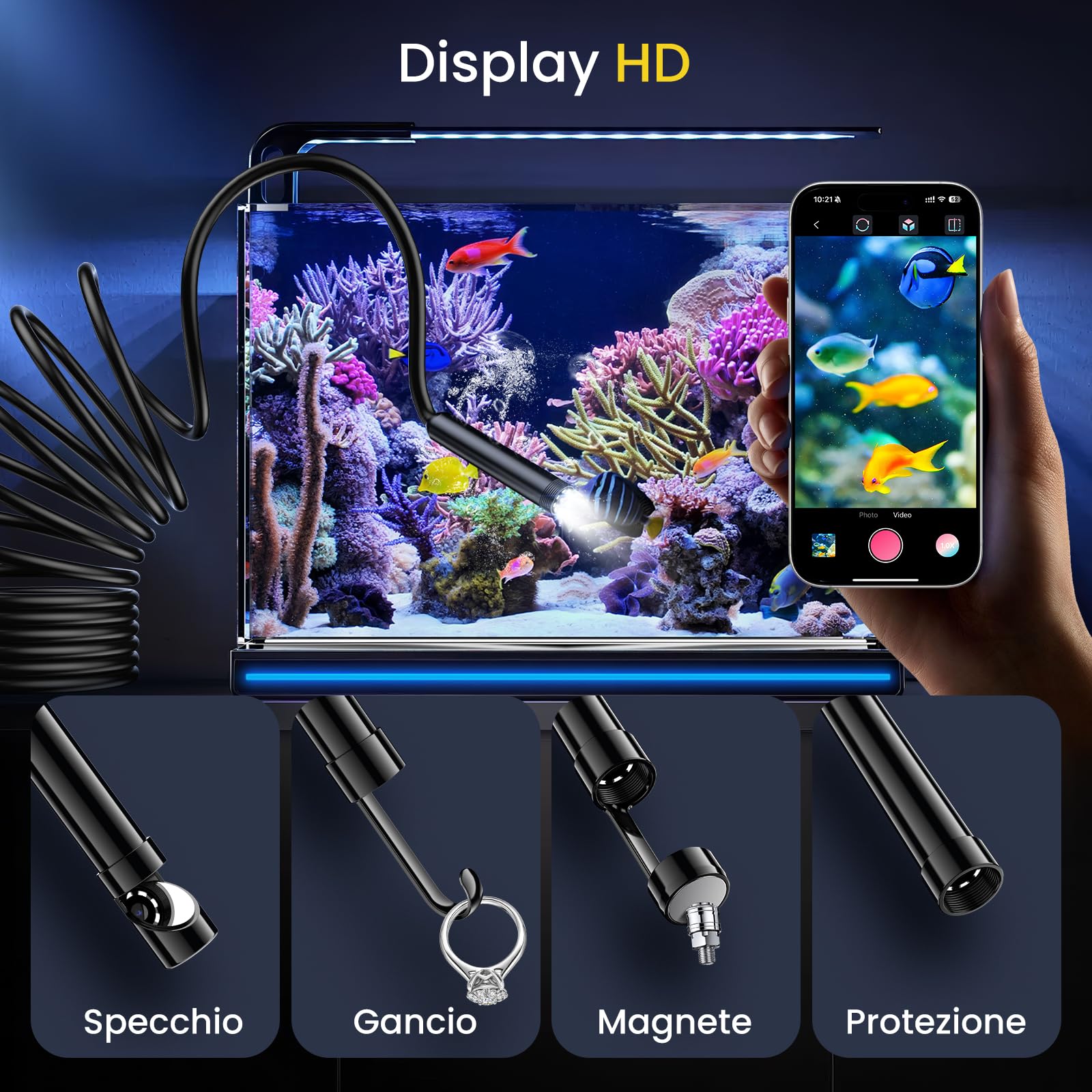 Maxpow Endoscopio Per Smartphone - Telecamera Endoscopica 1920HD IP67, Sonda con 8 LED per Ispezione Tubi, Cámara de Inspección Compatible with Android e iOS Per Tubi Macchine Fognature 5m