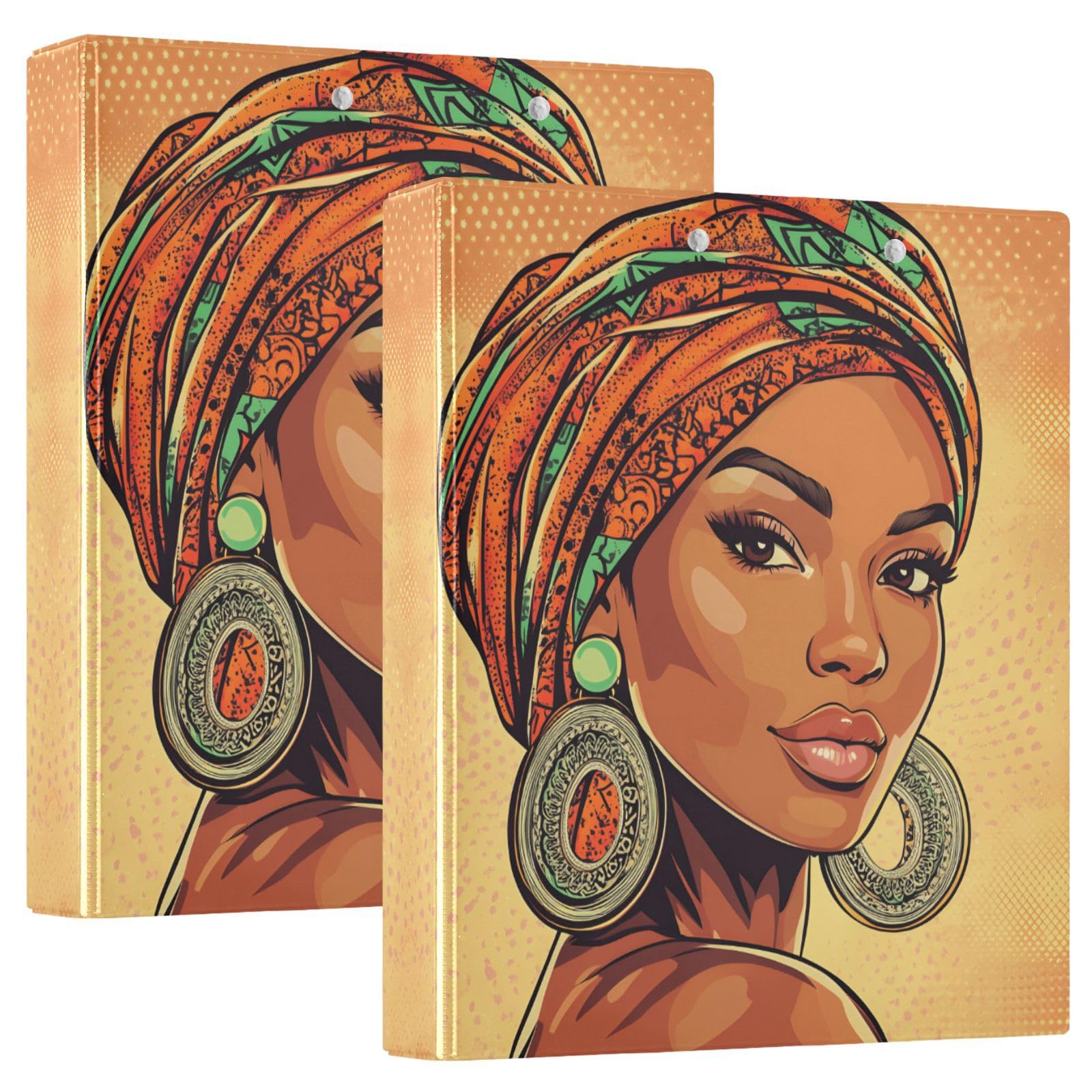 Confezione da 2 raccoglitori a 3 anelli, motivo donna africana etnica, 3,8 cm, con 3 tasche trasparenti, portablocco e contiene 200 fogli, per ufficio, scuola, organizzazione domestica