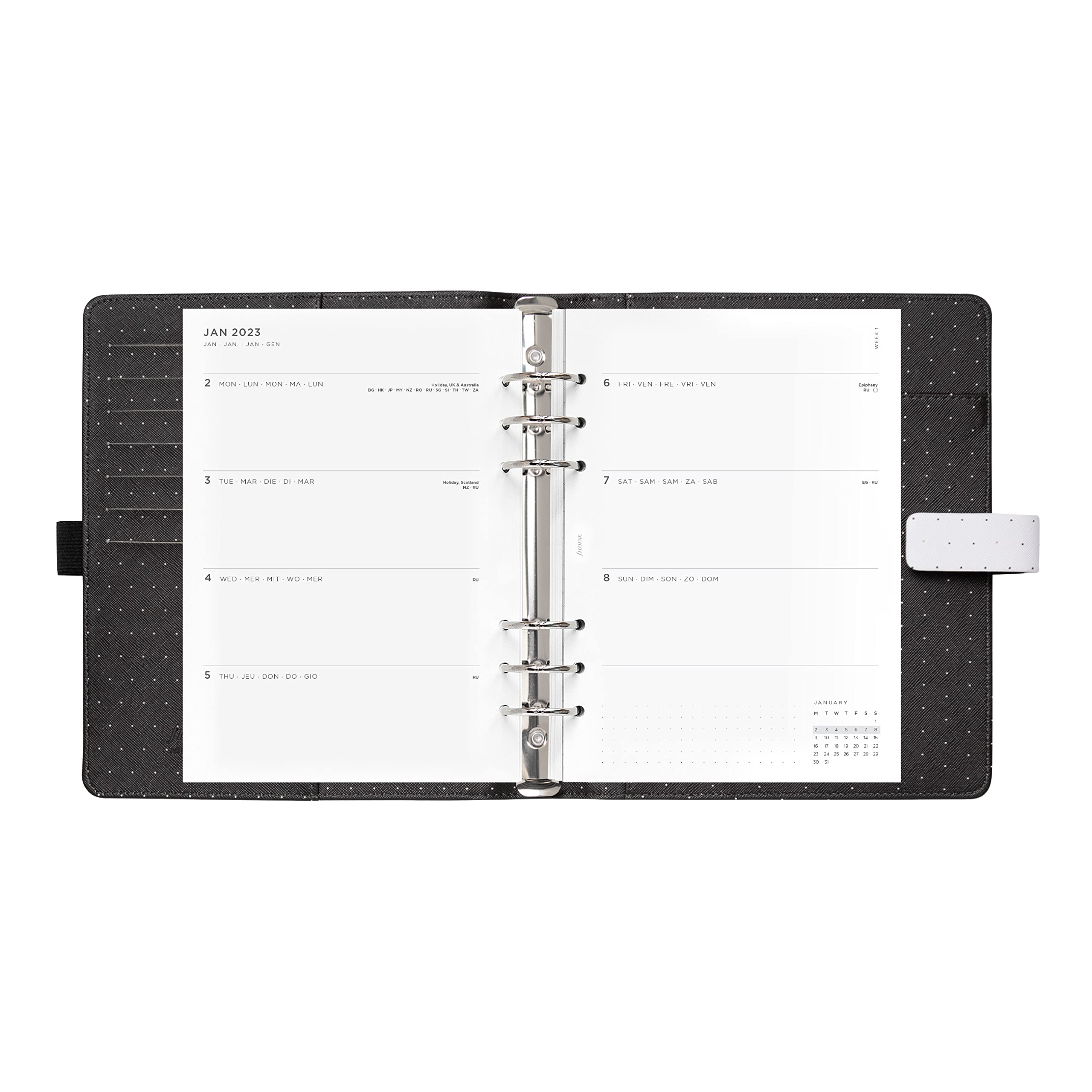 Filofax Moonlight Organizer, formato A5, bianco – sei anelli, agenda settimanale multilingue, calendario 2023 (C022652-23)