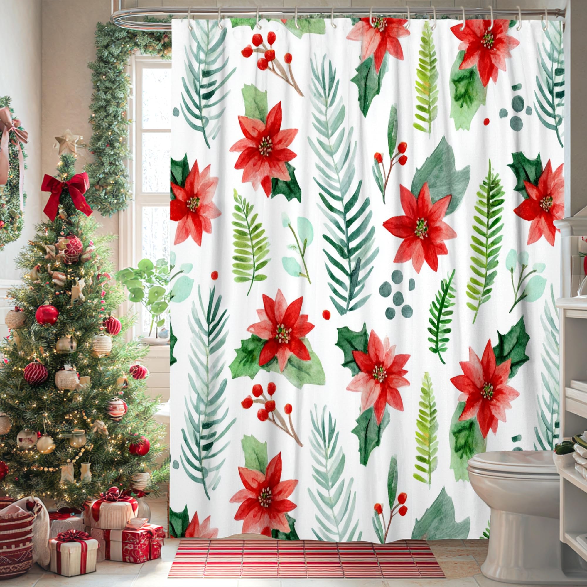 Rideau de douche extra long haut de gamme Poinsettia rouge 183 x 243 cm polyester imperméable