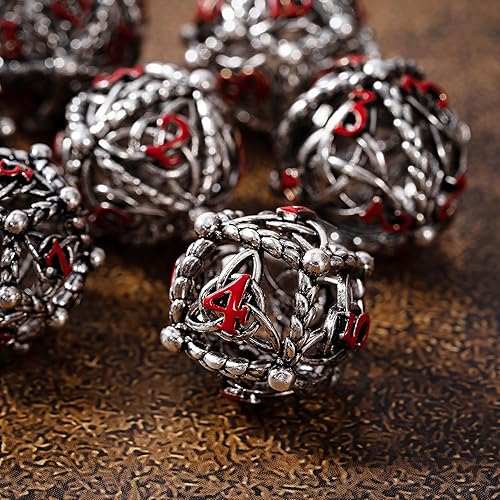 Miniatura 5 de Juego de dados DND de metal, diseño único de orbe redondo hueco para un mejor rodamiento, hermoso juego de dados de metal con nudo celta para juegos