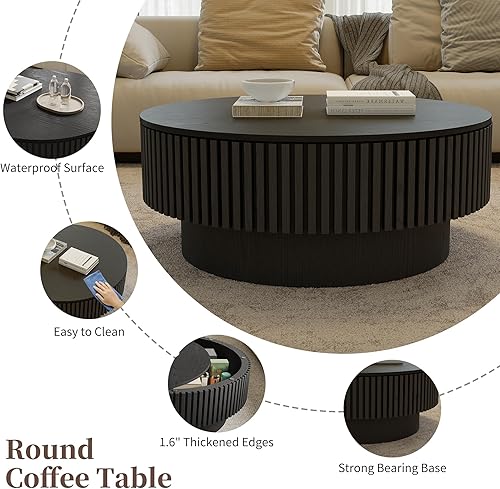 Miniatura 7 de Mesa de centro redonda con almacenamiento, modernas mesas de centro de madera estriada con base resistente, mesa de té central circular de tambor de