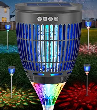All in 1 Solar Bug Zapper Outdoor, Flame & Projection Mode, Auto/Manual Modes, 4200V Electric Mosquito Killer with High Powered, IPX5 Waterproof Rechargeable Fly Insect Trap for Patio Garden Yard RV