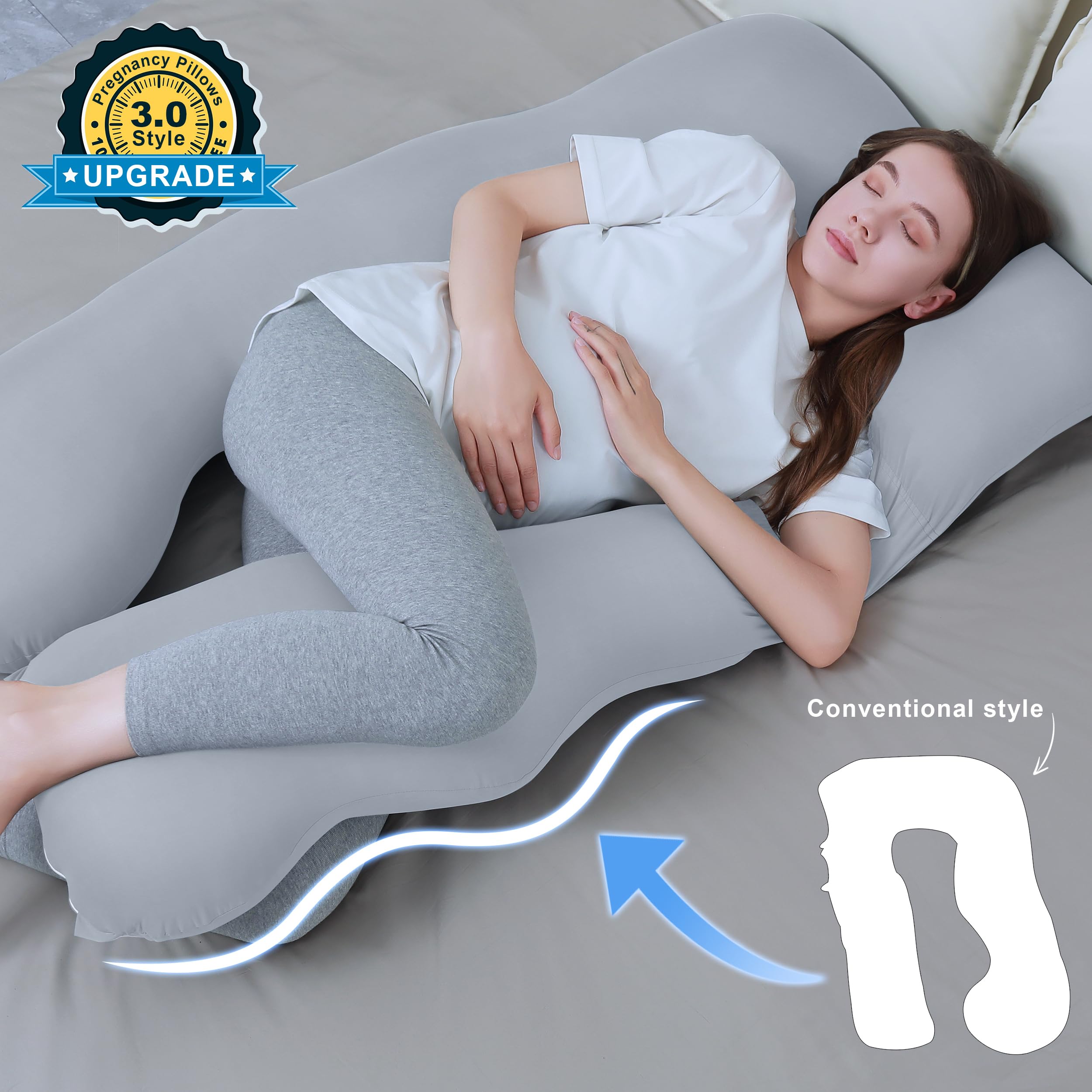 Lovely Care Pregnancy Pillows for Sleeping - Removable Cooling Cover J+i Shaped Full Body Pillow - Support for Back, Legs, Belly, HIPS - 57 Inch Maternity Pillow for Women - Light Grey
