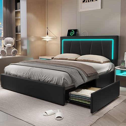 Miniatura 9 de Hasuit Base de cama California King con 4 cajones de almacenamiento debajo, plataforma tapizada tamaño Cal King con cabecera de cuero artificial,