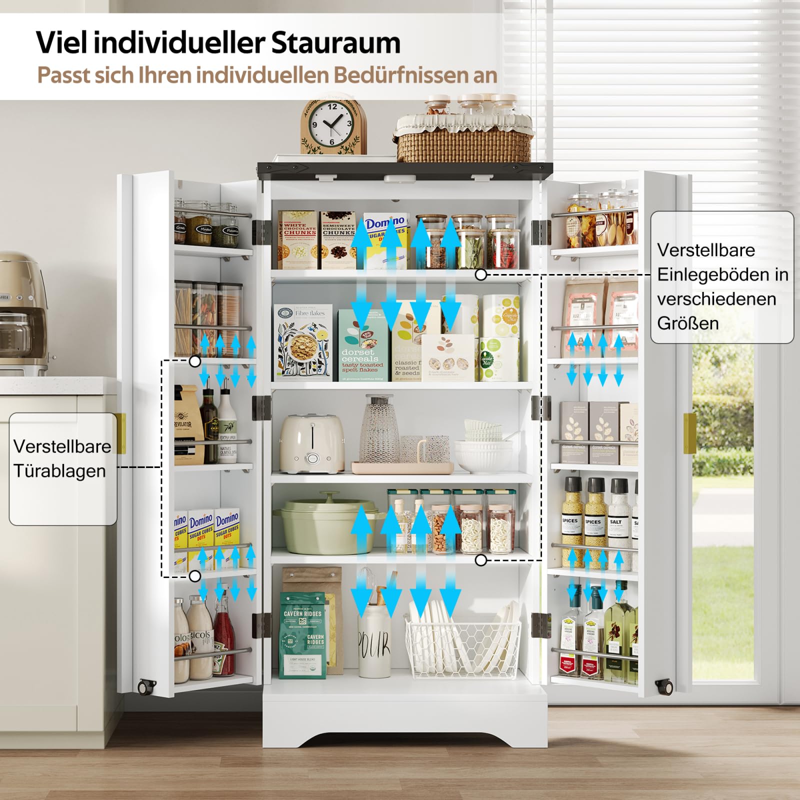 Küchenschrank mit Doppeltür, Haushaltsschrank mit Verstellbare Einlegeböden und Stauraum, Moderner Mehrzweckschrank mit Fächer, für Esszimmer Wohnzimmer, Küche, Streifendesign, Weiß (60.5x40x120cm)
