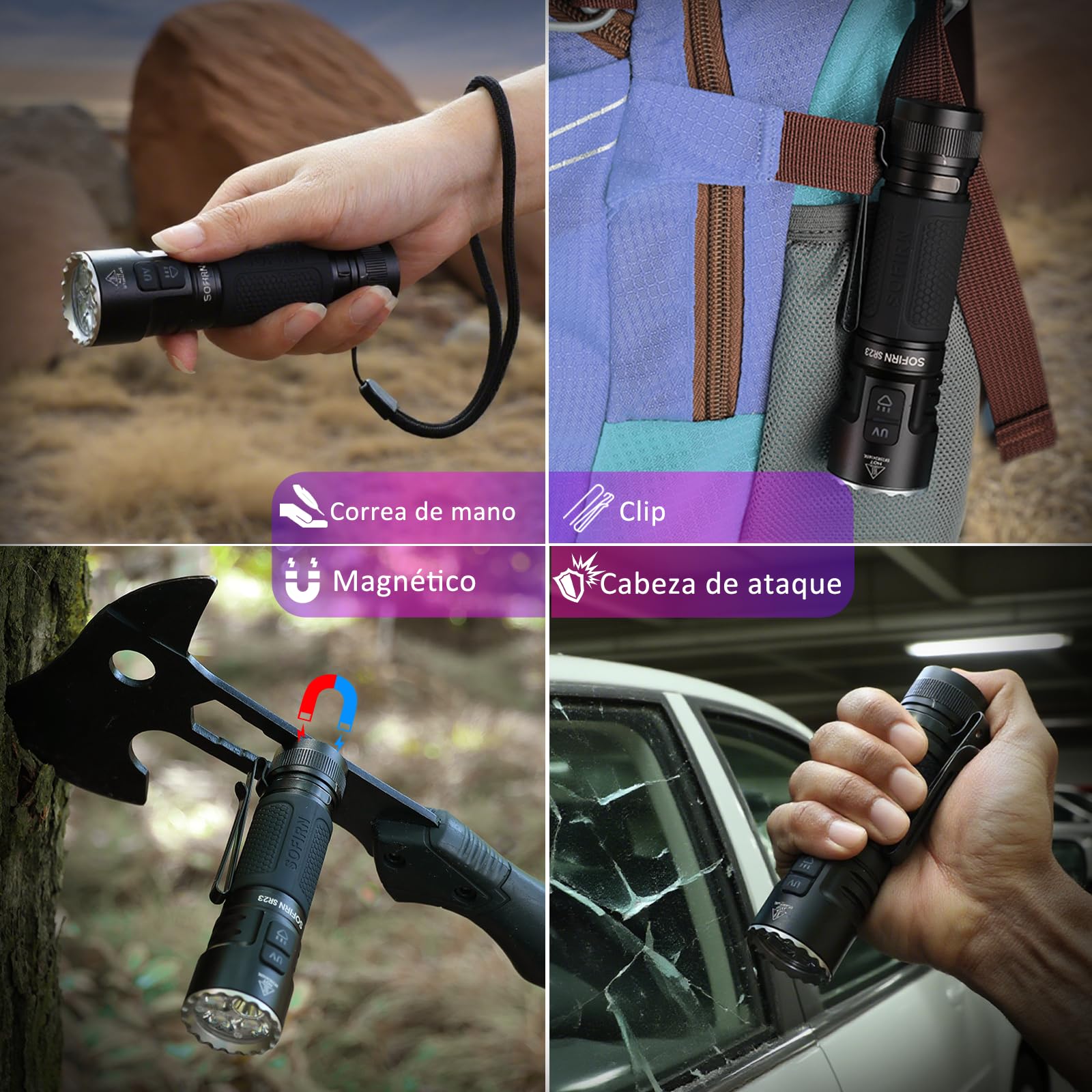 CSTEBOKE SOFIRN SR23 Linterna UV 365nm, Linterna LED Recargable 3300LM, Linterna Potente con Luz Negra, USB-C, IPX8, Imán y Clip, para Camping, Fluorescencia, Manchas de Mascotas y Uso Exterior