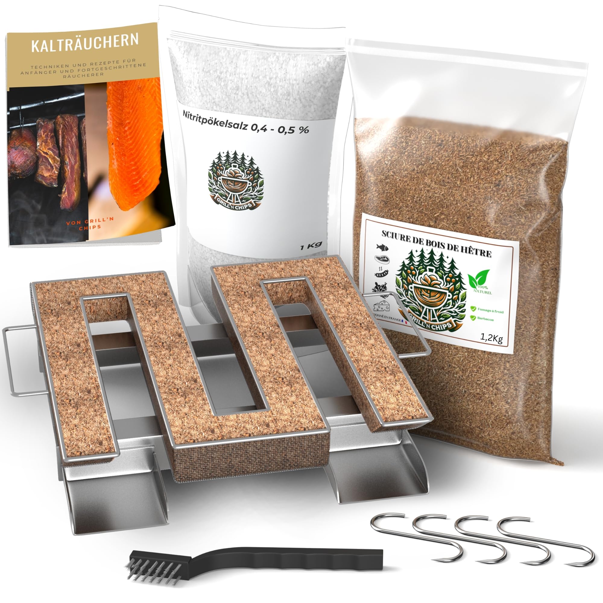 Generatore di affumicatori freddo/lumaca per affumicatoio carne e pesce + 1,2 kg di farina di faggio + 1 kg di sale nitrito + 4 ganci da macellaio e spazzola per la pulizia - E-book gratuito