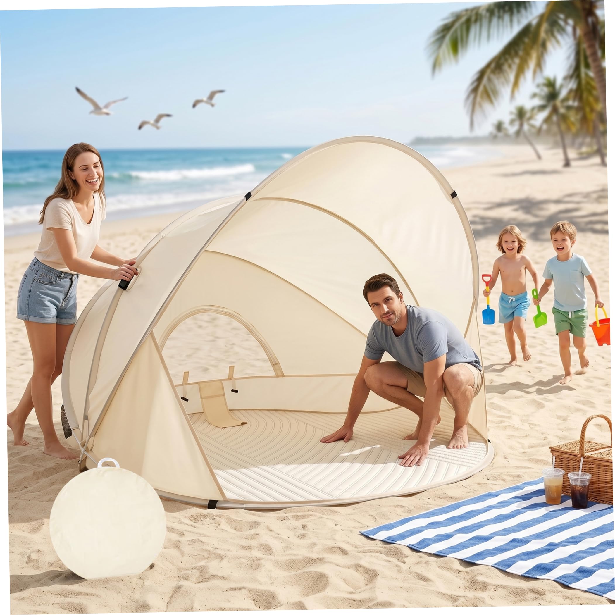 Tente de Plage Pop-up instantanée pour 3 à 4 Personnes, abri Solaire extérieur Portable avec Sac de Transport et Tapis Sol, 51, 2 x 51, 2 x 43, 3 Pouces, auvent pour Le Sable