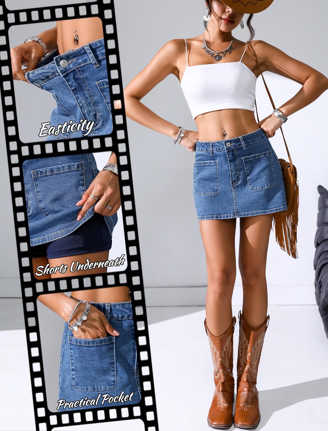 Eddoyee Denim Skirt for Women Mini Jean Skirt with Shorts Low Waist Y2k Stretchy Jean Skort with Pockets - Image 5