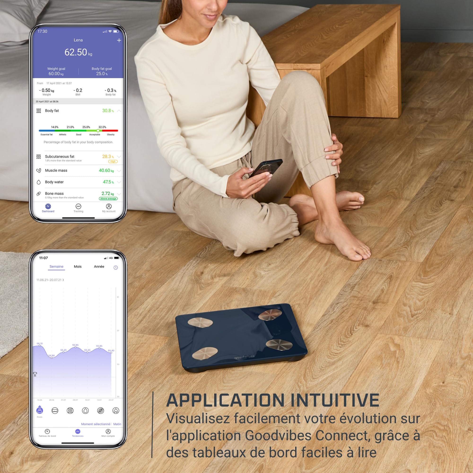 Rowenta Goodvibes Life + 2.0, Pèse-personne connecté, Application intuitive, 15 indicateurs corporels, Haute précision, Utilisateurs illimités, BR9720F0