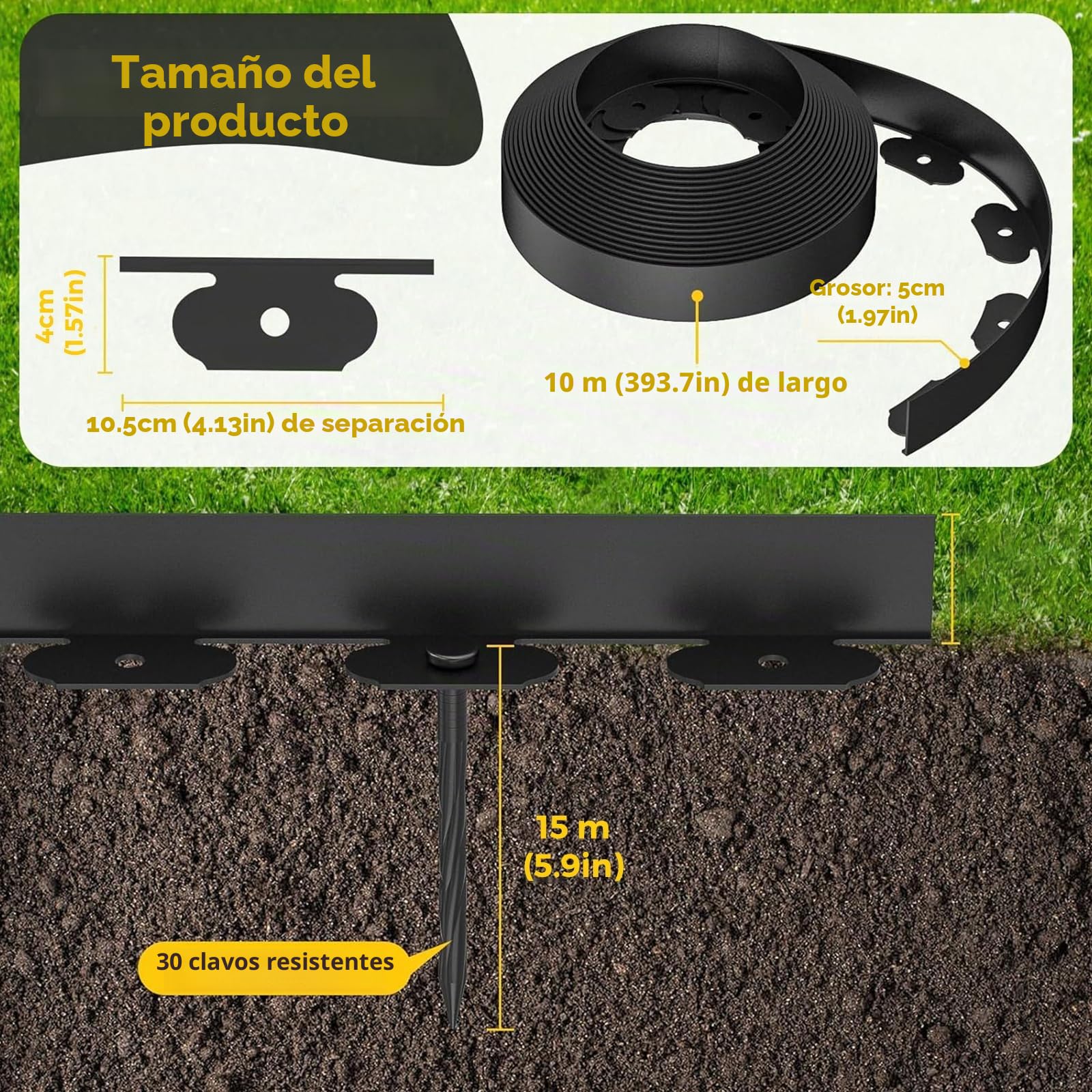 Borde De CéSped En Forma De L, Tira De 10 M con 30 Estacas De FijacióN, Ideal para Aislar CéSped Y Piedras, Y para Crear Zonas Verdes En Jardines Y Parques (Negro, Altura 5 cm)