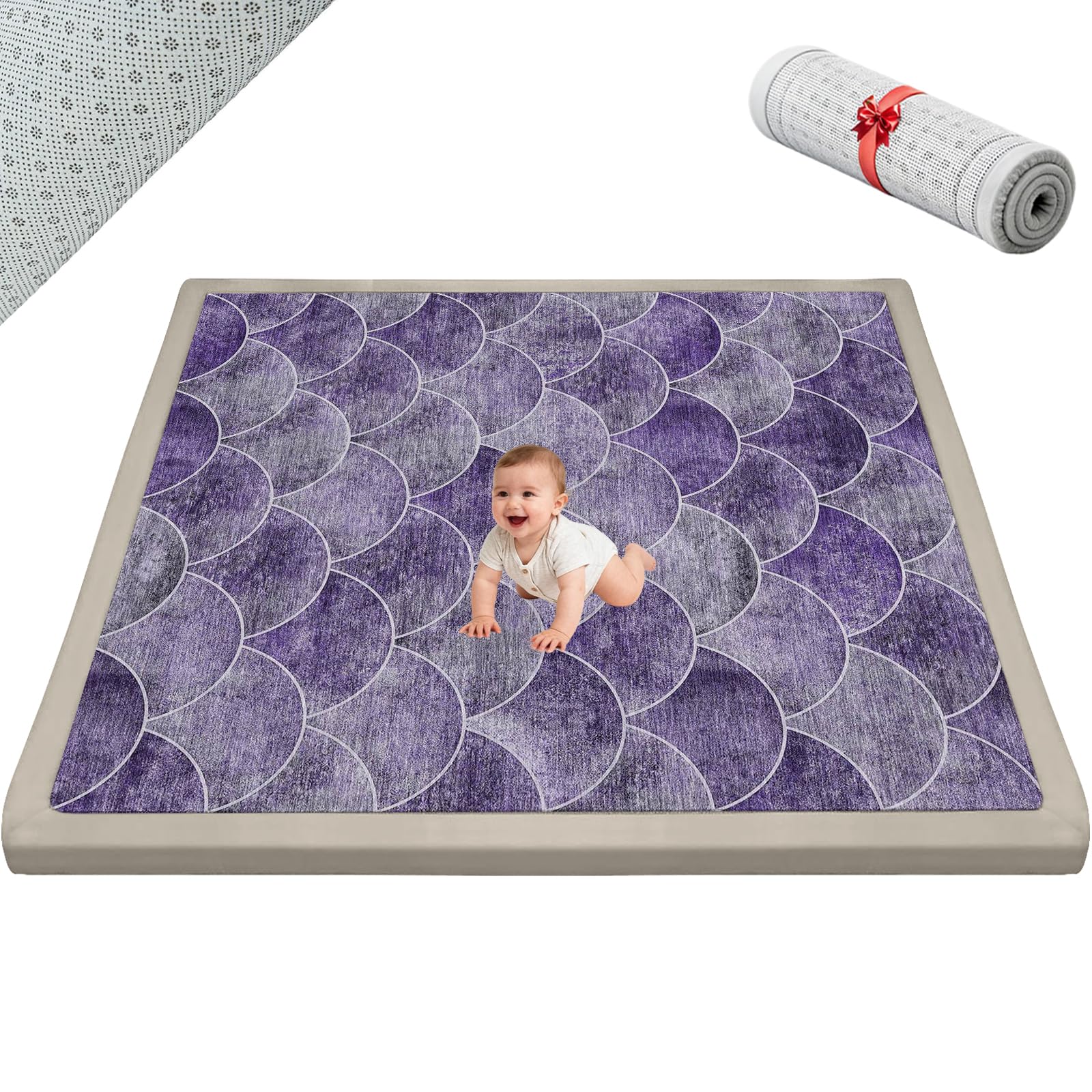 Tappeto Gioco Bambini, Extra Spesso 2 CM, Tappeto attività Morbido con Imbottitura Spessa per Tempo a Pancia in Giù, Base Antiscivolo Sicura per Gattonamento Viola 200 x 260cm