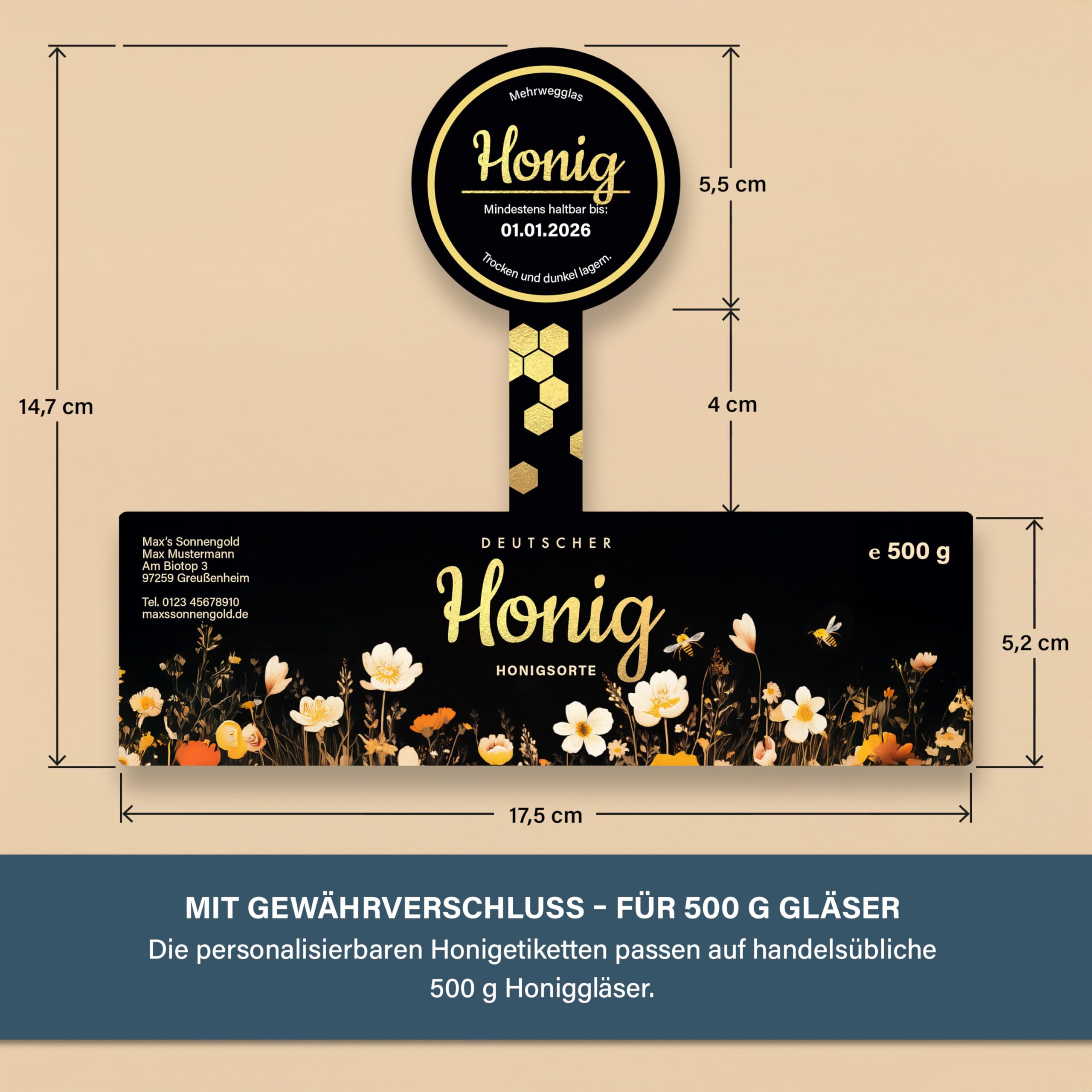 Honigetiketten 500 g personalisierbar mit Gewährverschluss – Aufkleber für Honiggläser selbst gestalten – selbstklebend, ablösbar – ab 25 Stück – (HONIG - 500 g - GEW3)