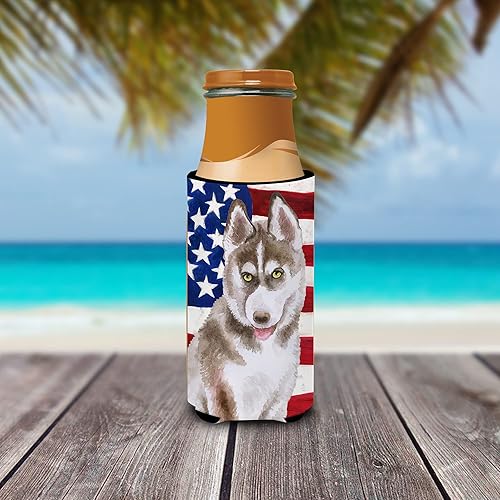 Miniatura 4 de Caroline's Treasures BB9696CC - Enfriador patriótico para latas o botellas, color gris siberiano, funda plegable con aislamiento para bebidas, Husky