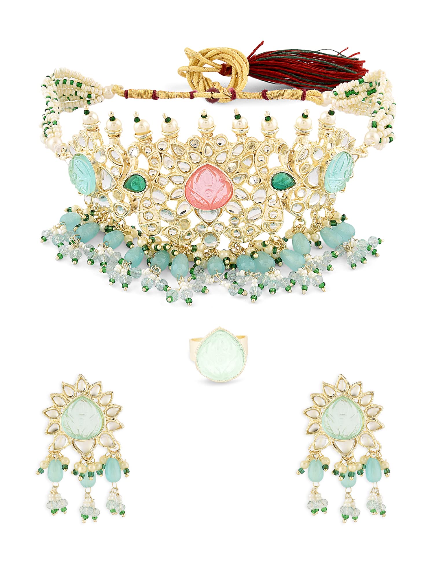 ZAVERI PEARLS Multicolor Multistrand Beaded Kundan Choker Necklace Earring Ring Set For Women-ZPFK15870 (B0C4H4DJLR) Amazon Price History, Amazon Price Tracker