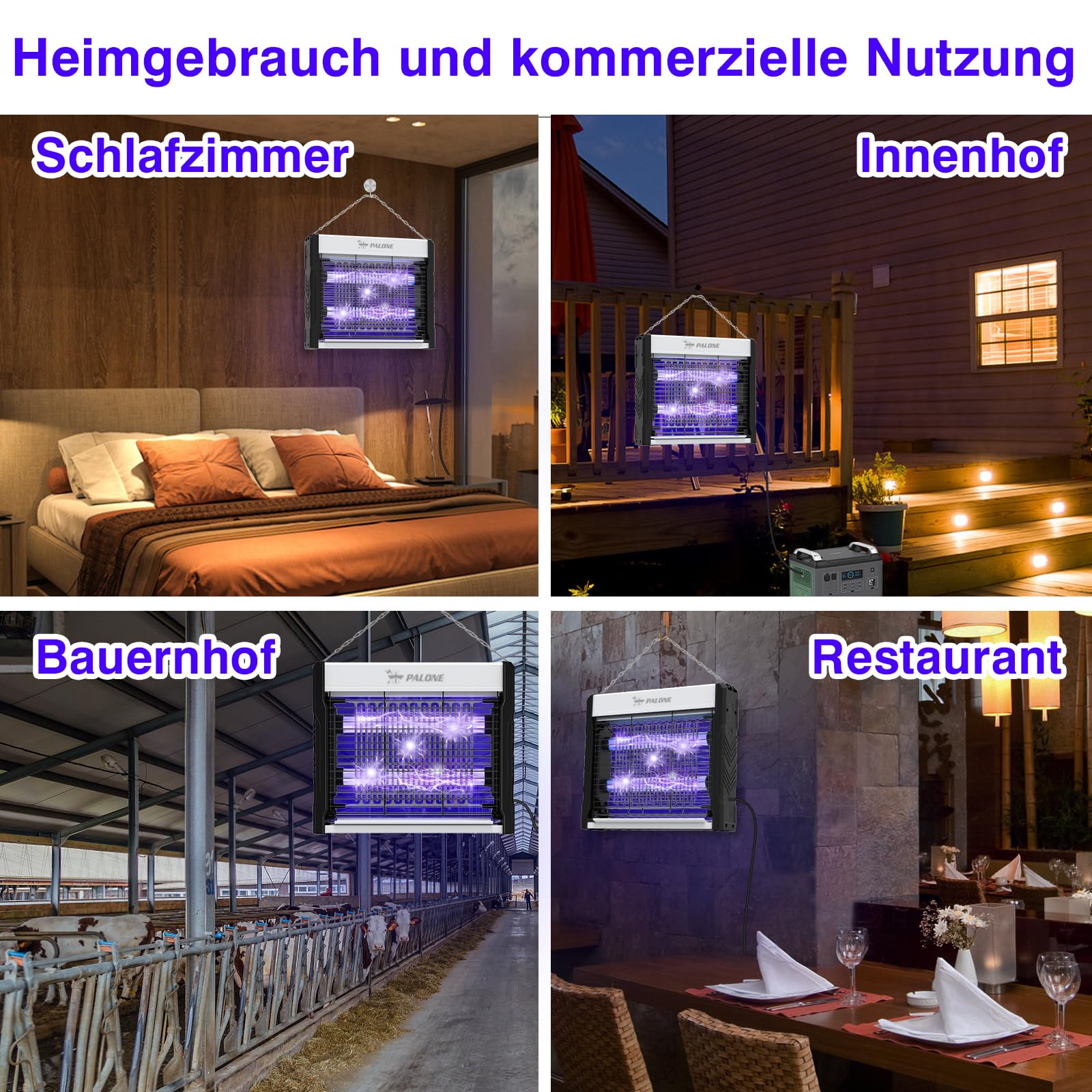 PALONE Insektenvernichter Elektrisch 4000V, 2 UV LED Mückenlampe USB C Elektrischer Mückenfalle Hängbar Insektenfalle Ungiftig Geruchsneutral für Innen