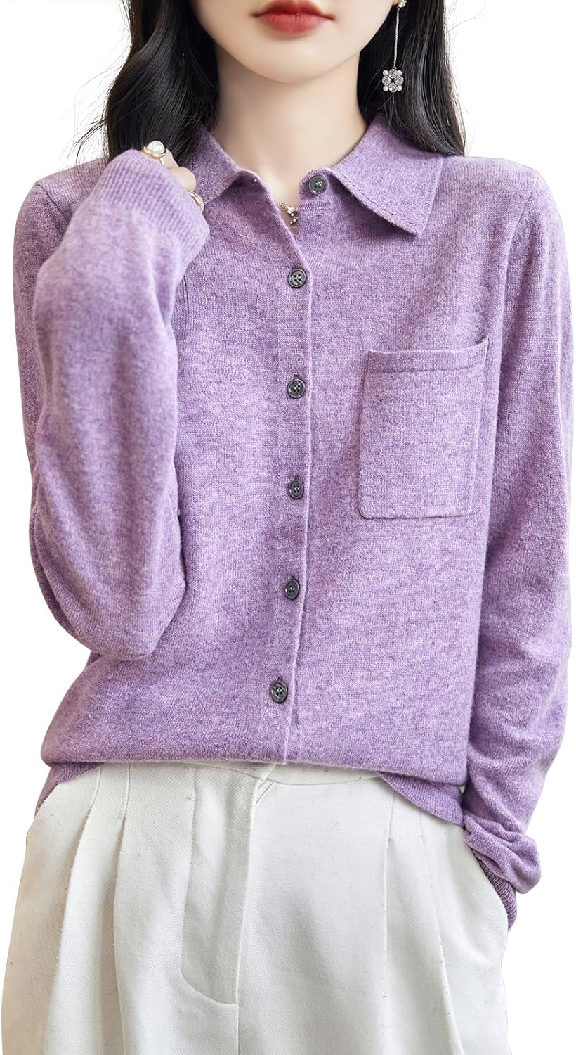 Chanyarn Women's Polo Neck 100% Merino Wool Sweater 2025 Spring Basic Long Sleeve Knitted Cardigan Sweater with Pocket