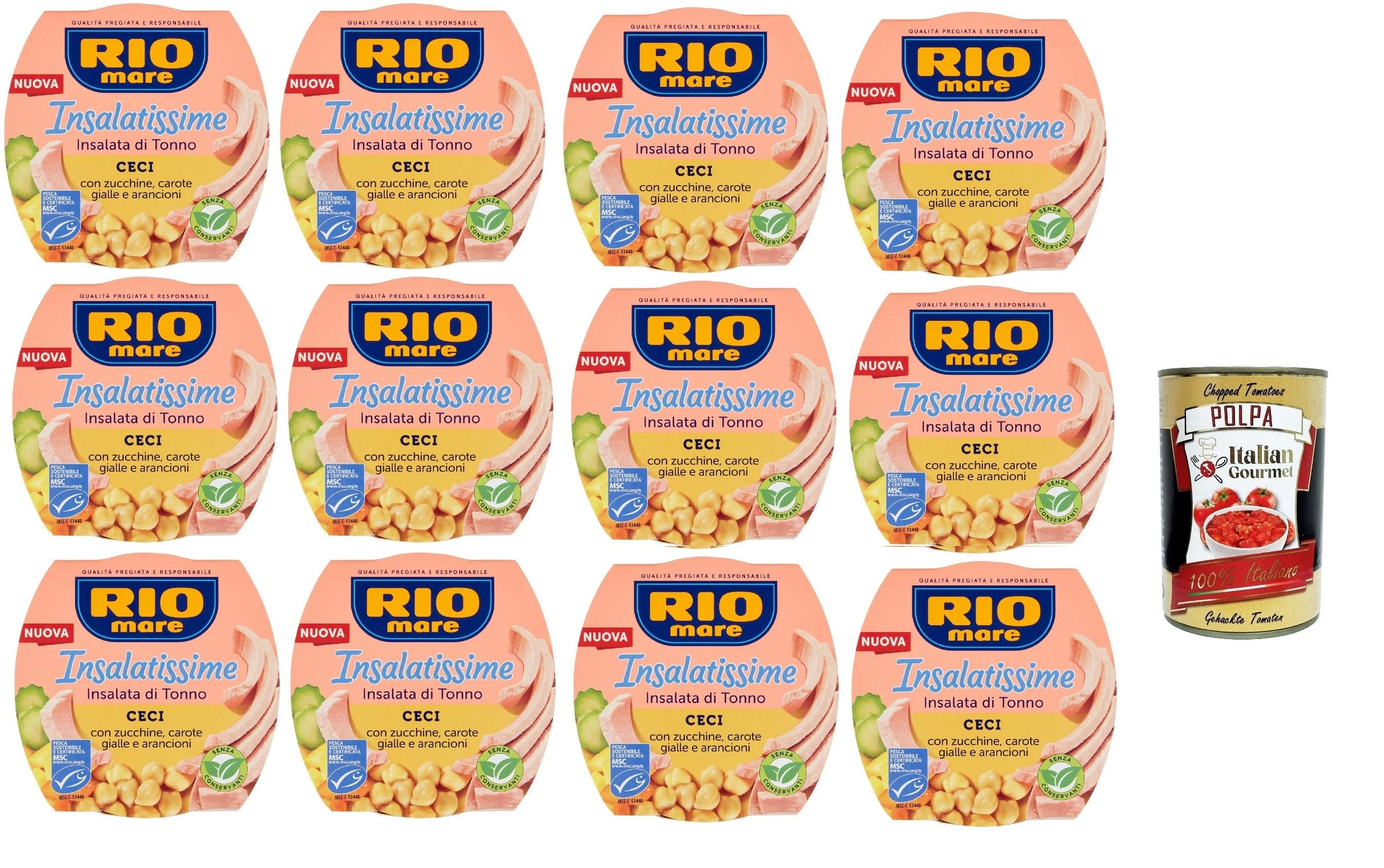 Rio Mare Insalatissime di tonno Gusto Ceci, listo para comer Tuna salad, ensalada de atún con garbanzos, calabacines y zanahorias, comidas preparadas 12 x 160 g + polpa italiana gourmet 400 g