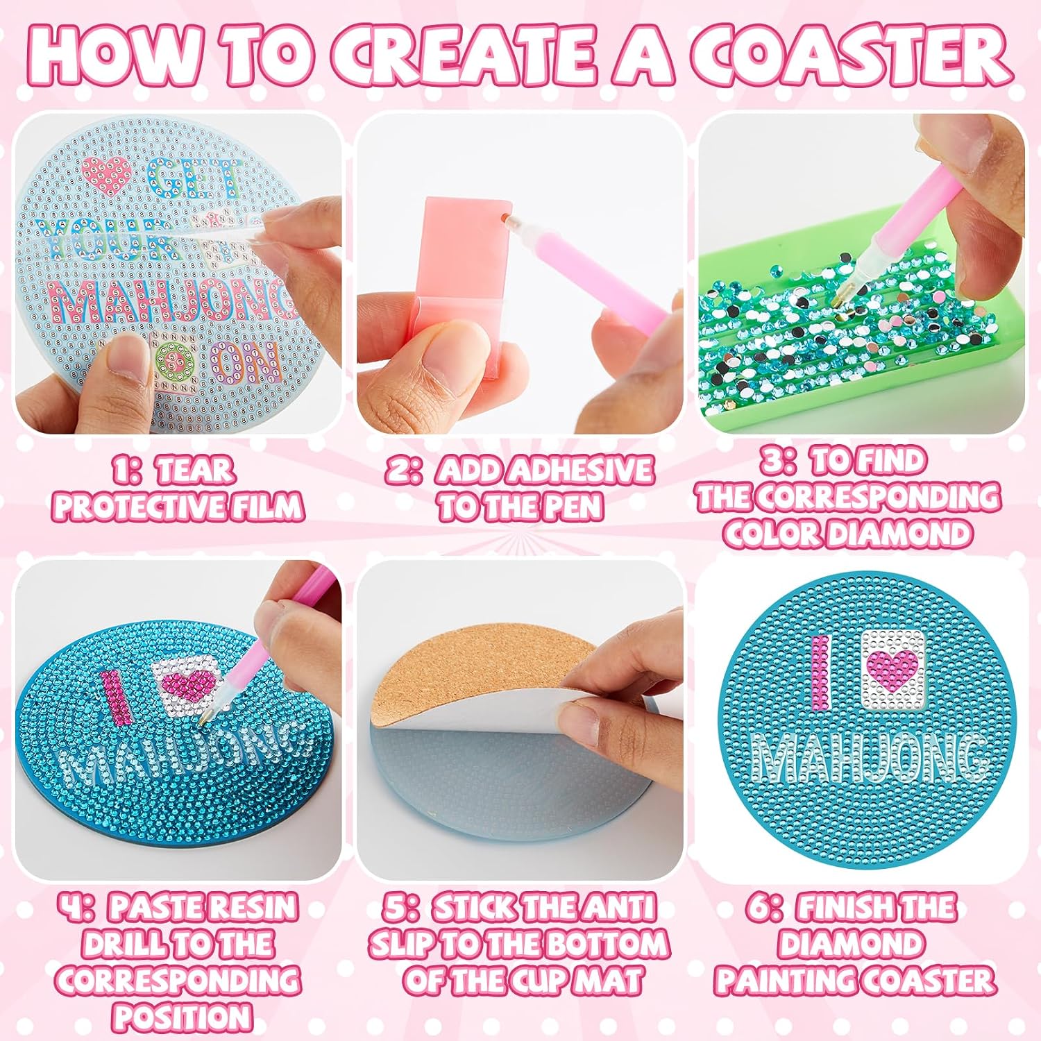 8Pcs Mahjong Diamond Painting Coaster DIY Diamond Art Coasters Kits with Holder Mahjong Drink Coasters DIY Coaster Art Crafts for Mah Jong Gift Table Game or Game Night Party Supplies Decoration