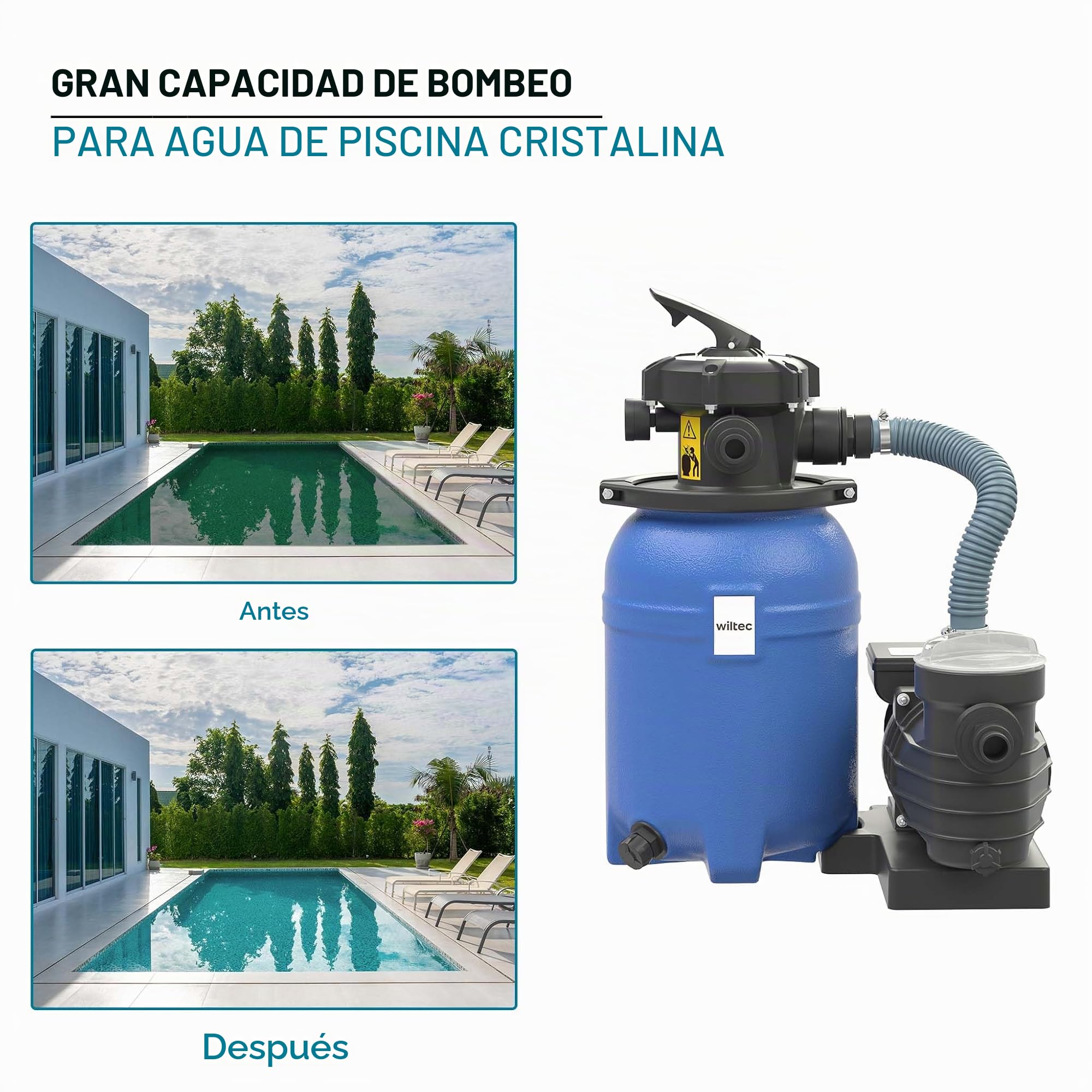 WilTec Sistema de Filtro de Arena 250W Tanque de filtrado 14l y Bomba autocebante 10000L/h Piscina
