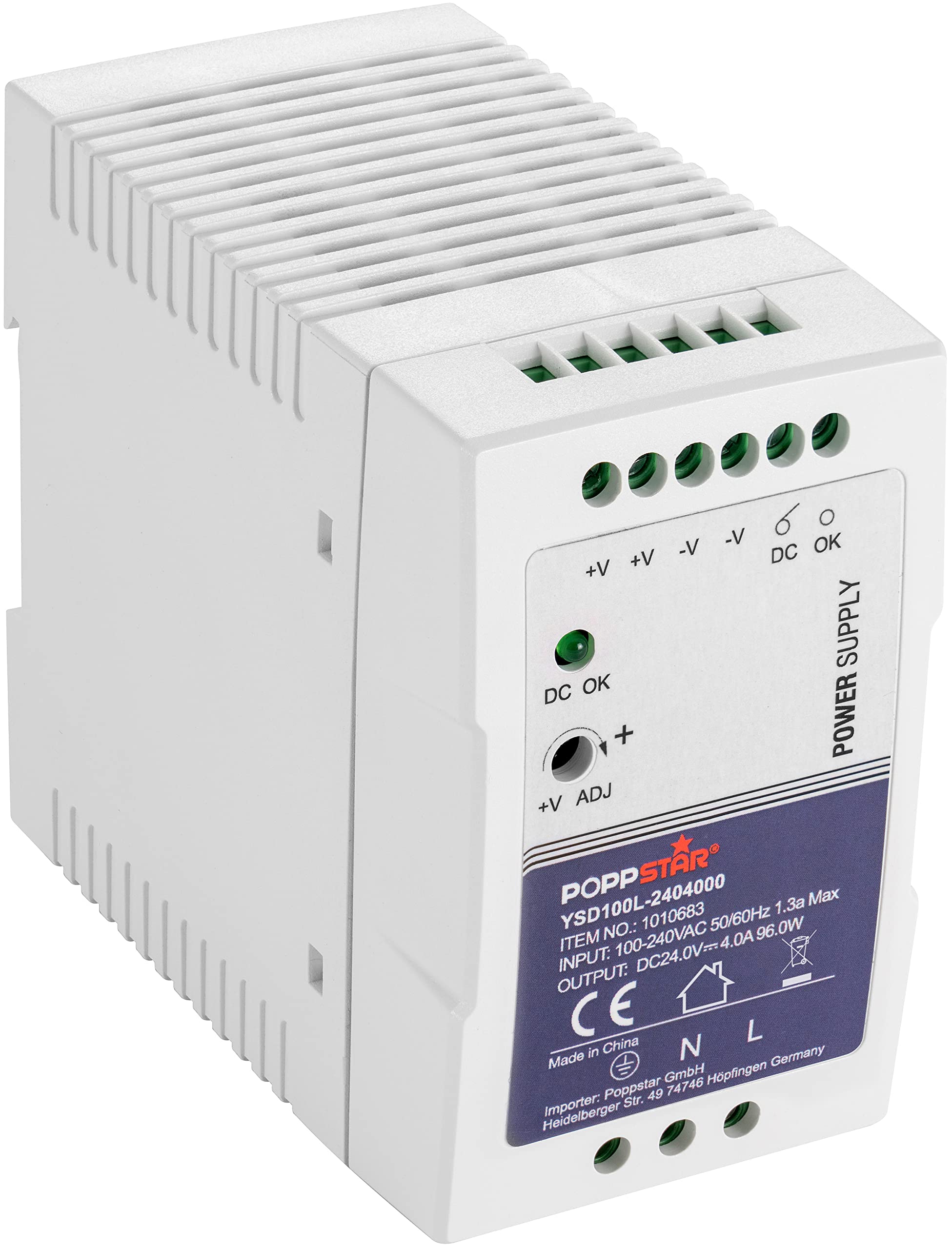 Poppstar superpłaski zasilacz na szynę montażową 24V DC 4 A 96 W, zasilacz DIN-Rail (96 W z PFC) transformator do szyn montażowych 55x100x92mm