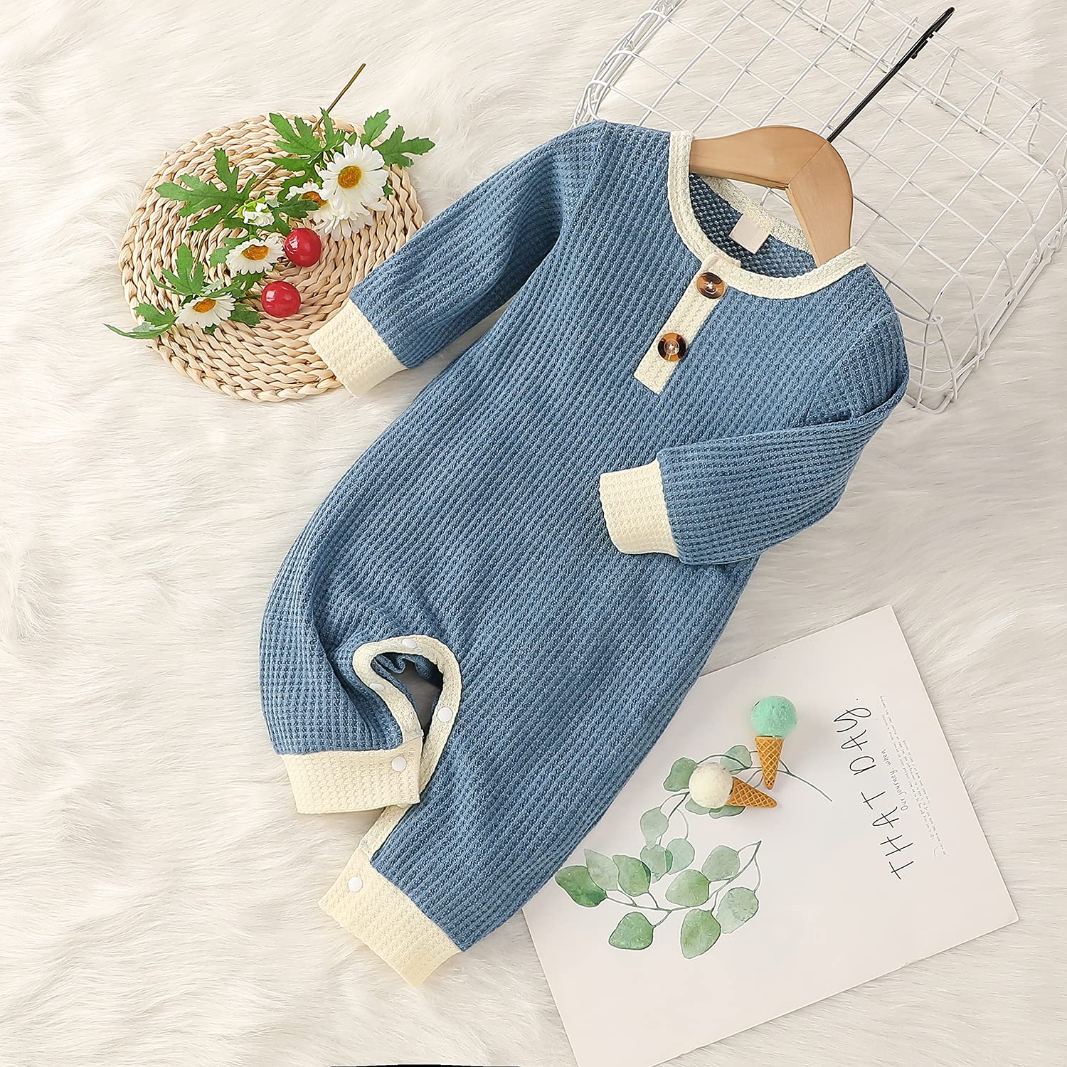 Thorn Tree Newborn Baby Boy Clothes Little Girl Long Sleeve Romper Unisex Infant Baby Button Jumpsuit Knitted One Piece Outfits (Blue,0-3 Months)