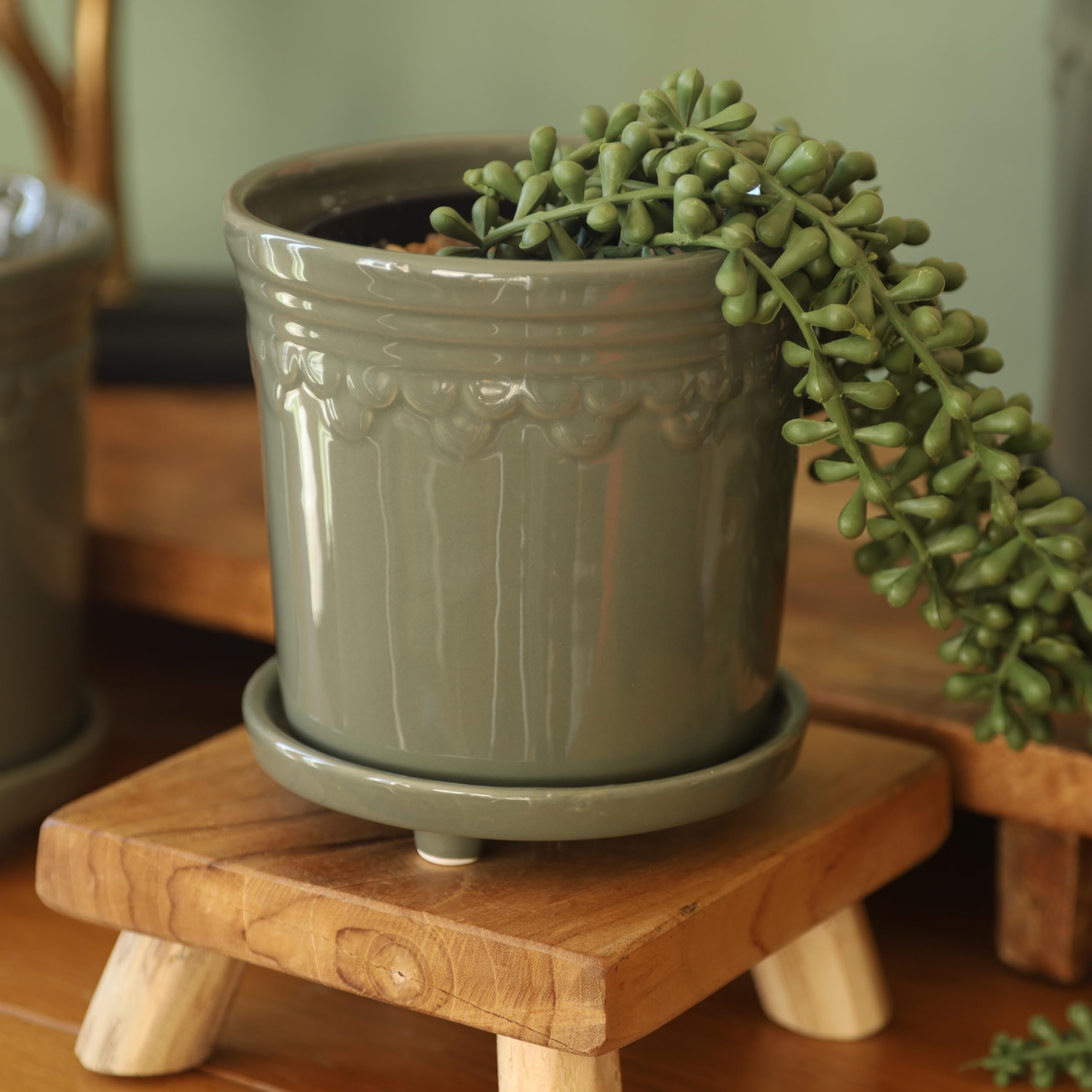 Fyne-Finds Saga Green Ceramic Sage Green Plant Pot Raised Saucer Scalloped Edge Glazed Garden Planter Outdoor Home Weatherproof Drainageholes (Small)