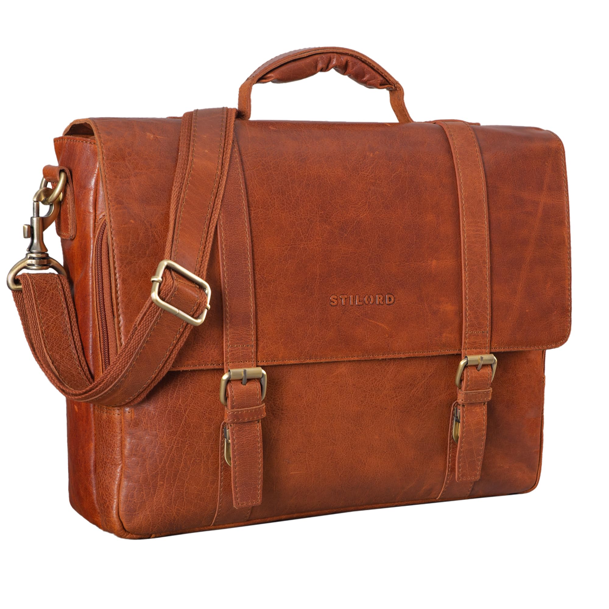 STILORD Calvin Maletín Piel Hombres Grande para portátil 15.6 Pulgadas Mensajero Bolsa Bandolera Trabajo Bolso Negocios de Cuero Color:Zamora - marrón