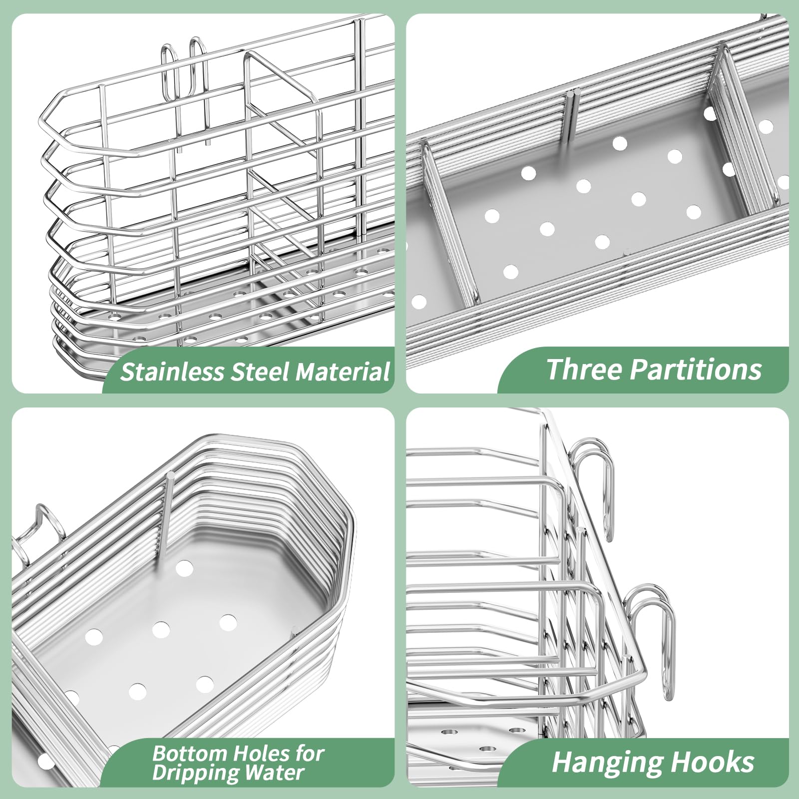 Soporte para utensilios de acero inoxidable 304, estante de secado de cubiertos con ganchos para escurridor de platos, cuchillo y tenedor con 3 compartimentos divididos, accesorios de cesta de drenaje