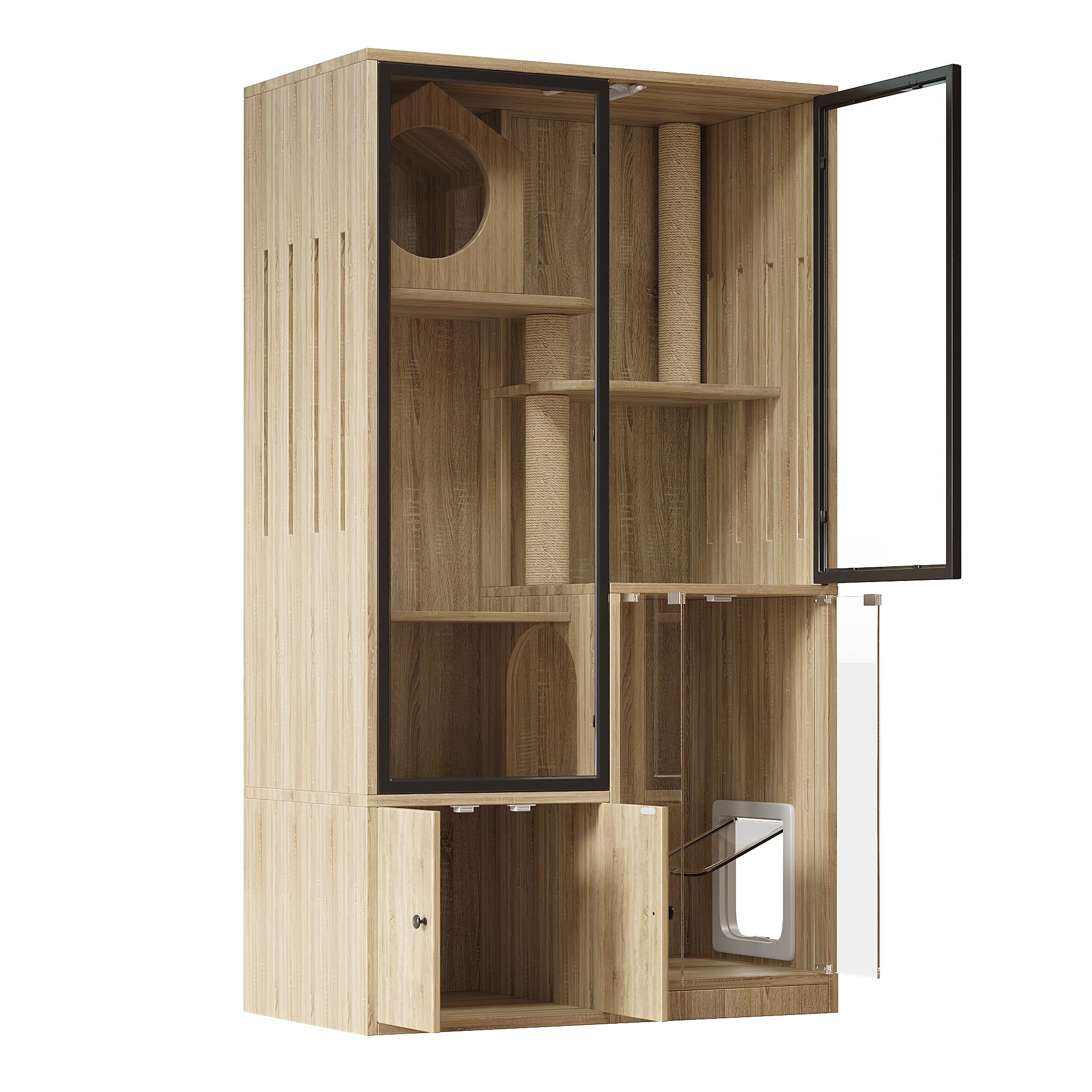 Villa per gatti, per interni, gabbia per cincillà, gabbia per gatti, casetta da arrampicata, con piccola porta di ingresso e uscita (chiudibile), colore legno, 90 x 50 x 160 cm, senza lettiera per