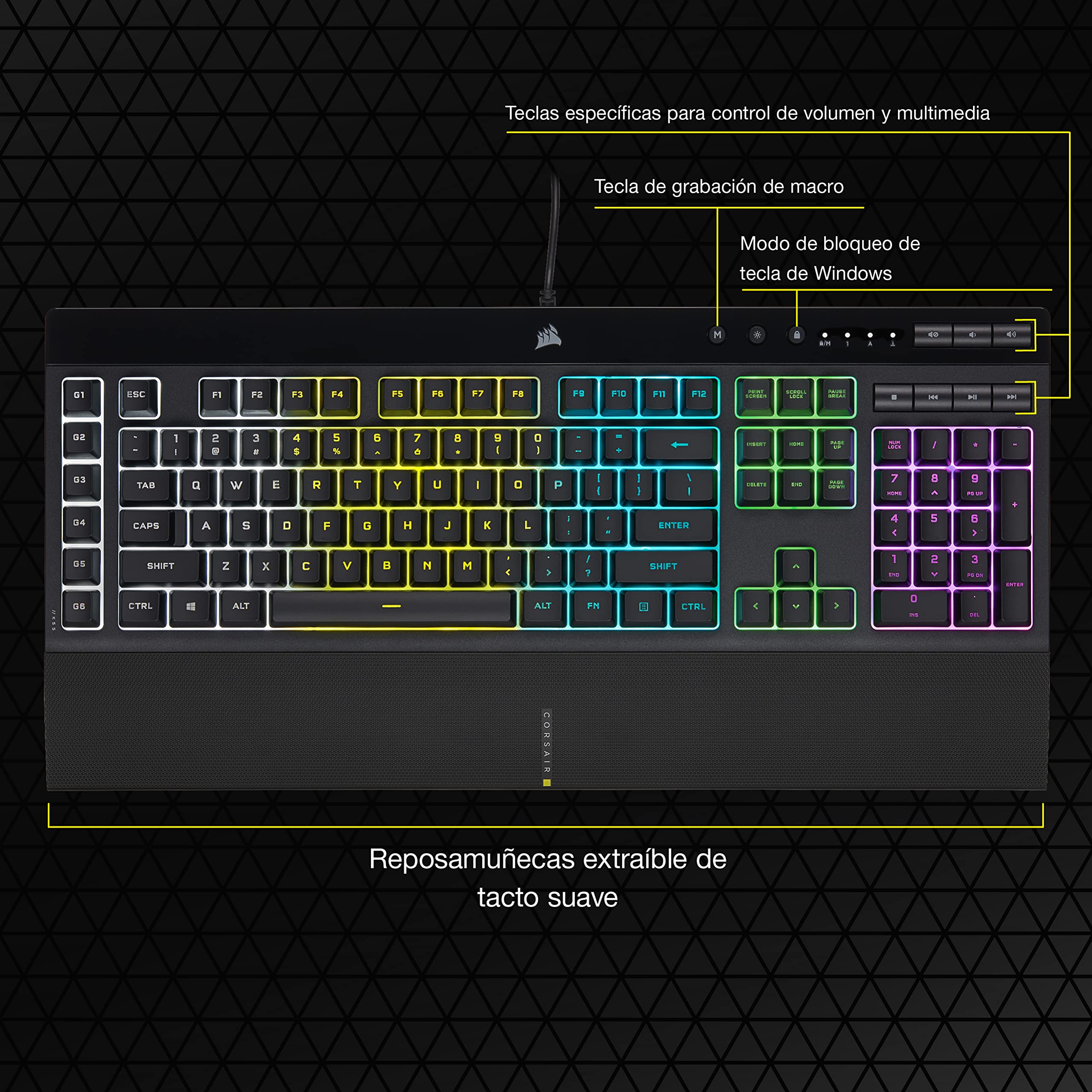 Corsair K55 RGB Pro Teclado para Juegos con Teclas de Membrana - Negro | QWERTY español, Retroiluminación RGB, 6 Teclas Macro con Integración el Software Elgato, Resistencia al Polvo y los Derrames