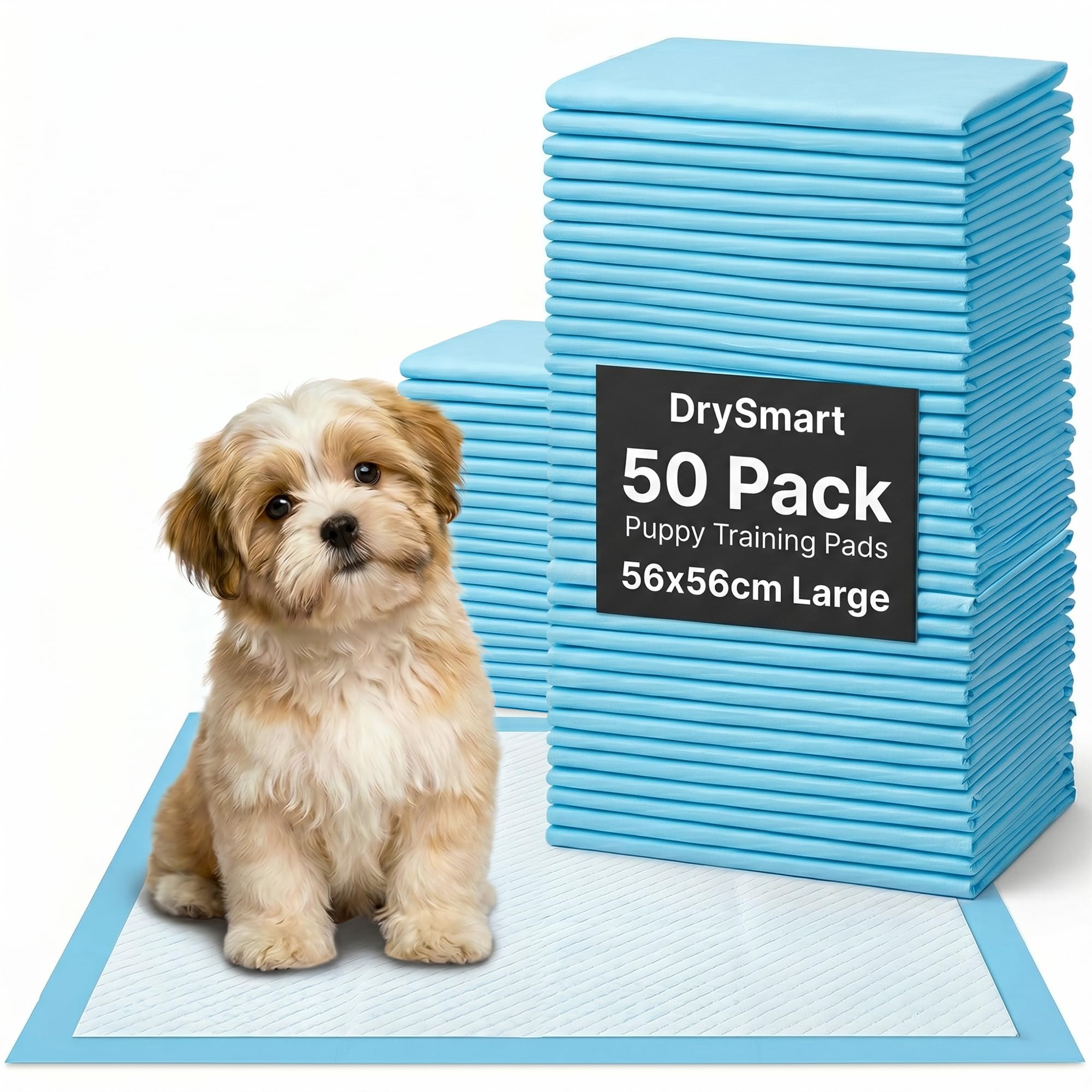 DrySmart 50 Pack Puppy Training Pads – 56x56cm Large Puppy Pads, Ultra-Absorbent & Leak-Proof 5-Layer Design Dog Mats for House Training, Incontinence & Pee Protection
