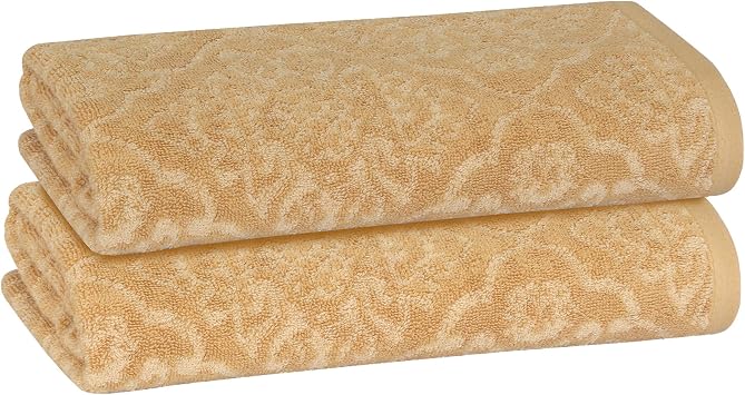 2 Pack Damask Hand Towel, Bath Towel, and Bath Sheet Towel, 100% Cotton Yarn Dyed, Lux Drying Experience, Great for Hands and Body, Perfect for Spa & Home Use Wheat, Bath Sheet