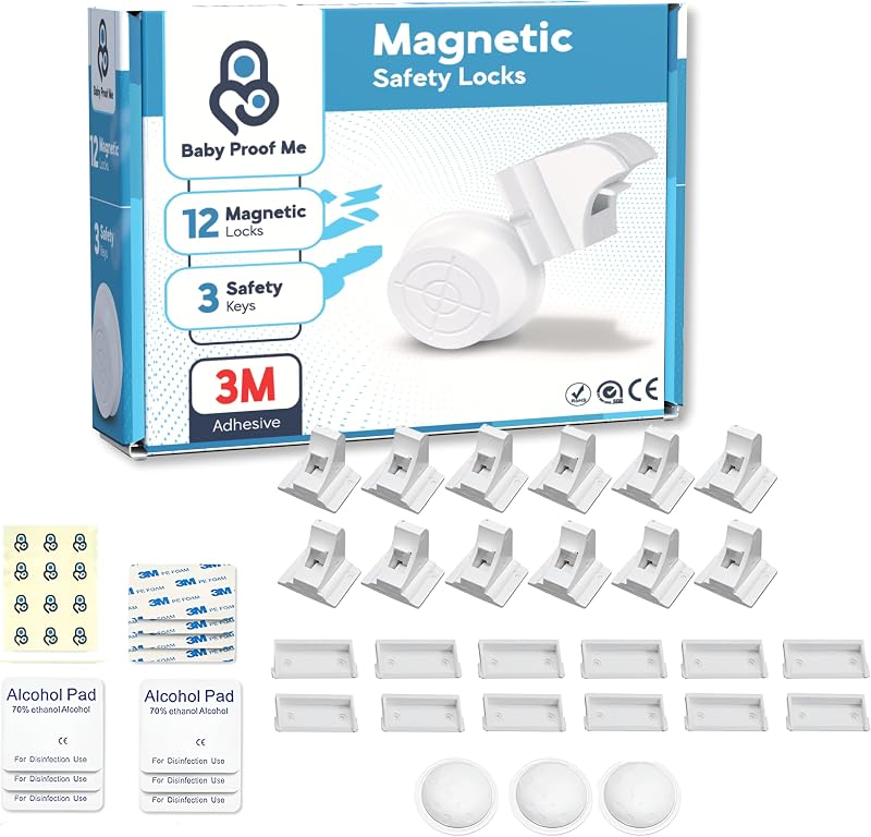 Baby Proof Me 12 cerraduras magnéticas para gabinetes y cajones a prueba de bebés Seguridad infantil | Cerraduras de gabinete a prueba de niños con llaves para gabinetes, cajones y armarios a prueba de bebés, con imán fuerte, sin herramientas ni perforaciones