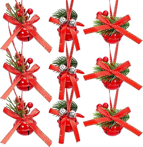 Whaline 12 campanas de cascabel rojas de Navidad con cinta con pinos verdes, bayas, árbol de Navidad, colgante de campana, adorno colgante de Año