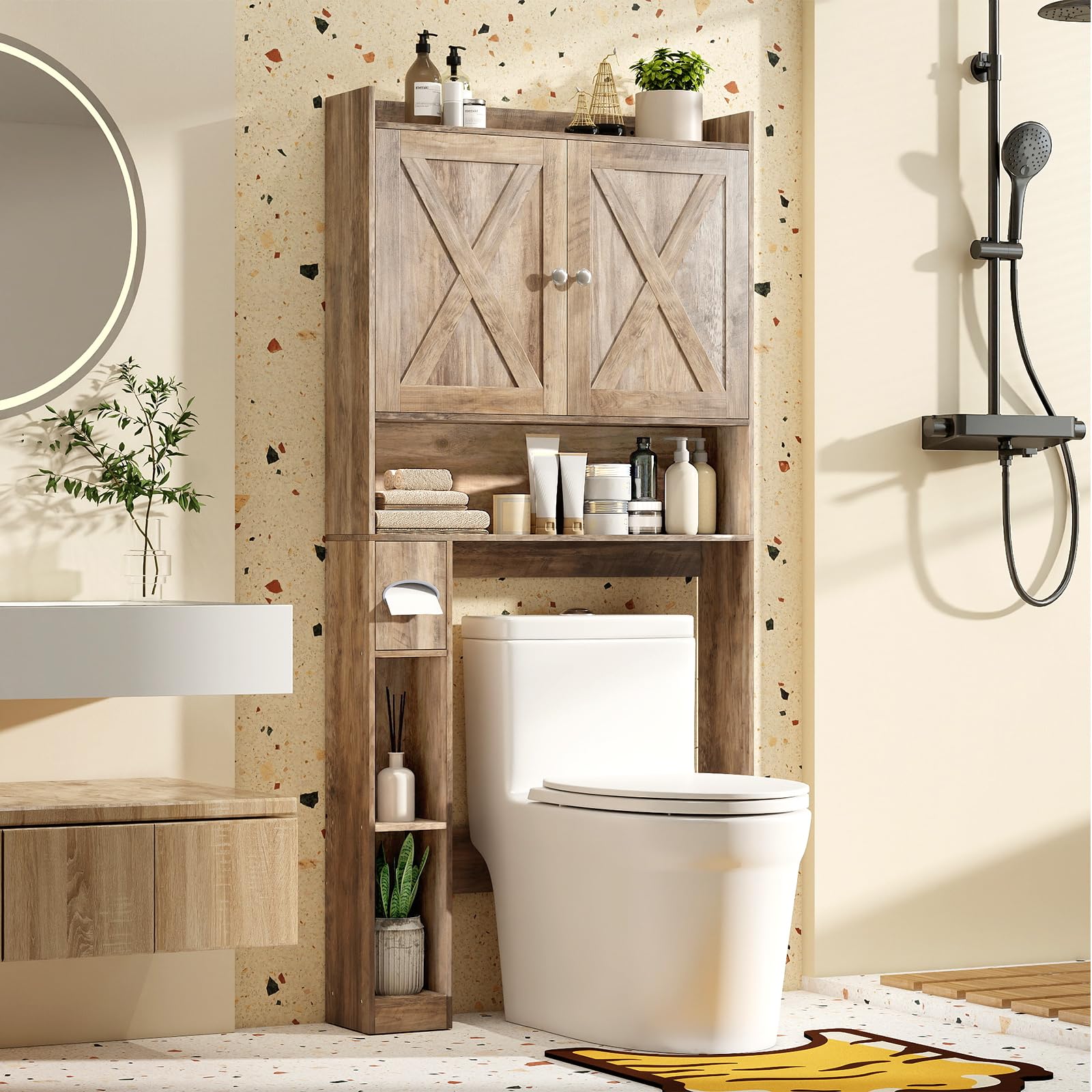 COSTWAY Meuble Toilette Étagère WC, Double Porte, Étagère Réglable, Porte-Papier Toilette, Meuble WC Rangement Gain de Place, 81,5 x 19,5 x 172,5, pour Salle de Bain, Buanderie (Gris Vieilli)