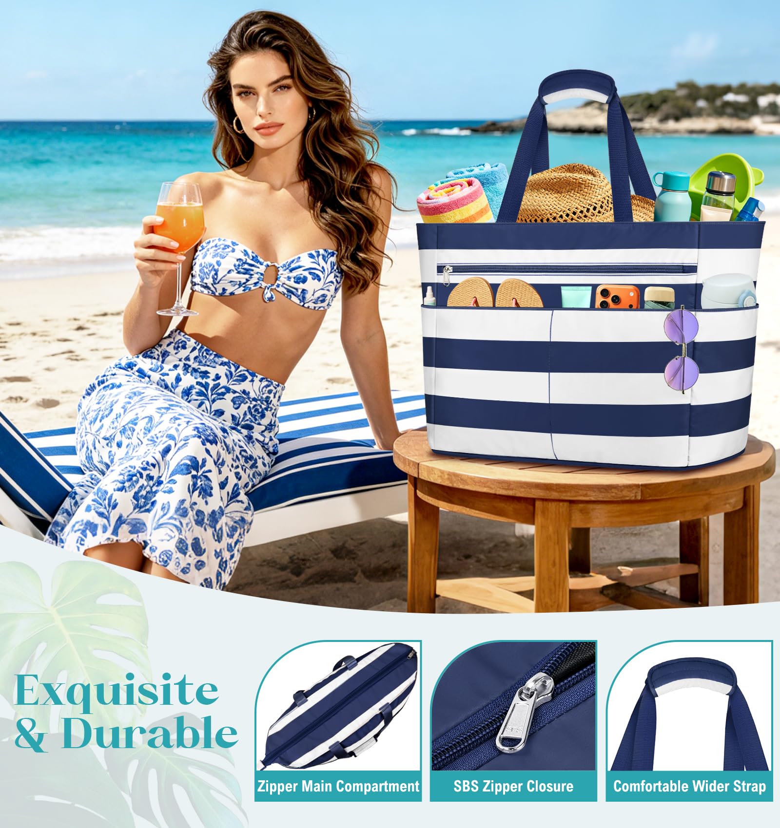 Sac de Plage Femme Imperméable, Grand Sacs Plage XXL avec Fermeture Éclair, Ete Sac de Voyage, Anti Sable Sacs de Piscine, Sac Cabas Tote Bag pour Travail Voyages Shopping 55L