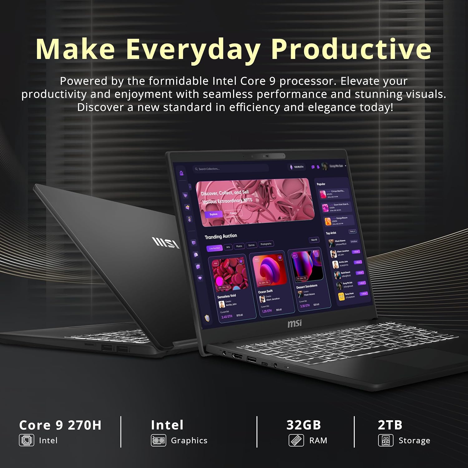 msi Modern 15 H 15.6" FHD Touchcreen Laptop, Intel Core 9 270H, 32GB DDR4, 2TB Storage (1TB SSD+1TB Docking Station Set), Intel Graphics, Backlit Keyboard, 720p HD Webcam, Wi-Fi 6E, Win 11, Black