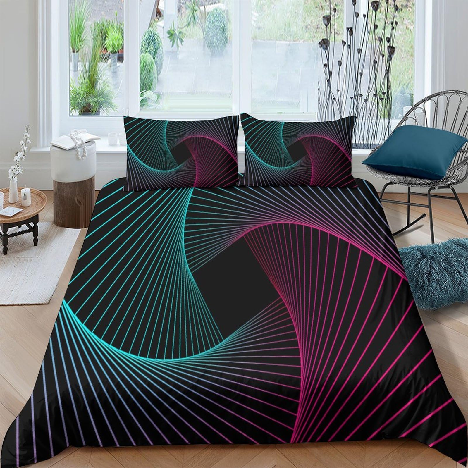 GPLZQXKJNH 3D Printed Abstract Spiral Duvet Cover Microfiber Soft Breathable Neon Line Bedding Set with 2 Pillowcases for Bedroom Decor Single（135x200cm）
